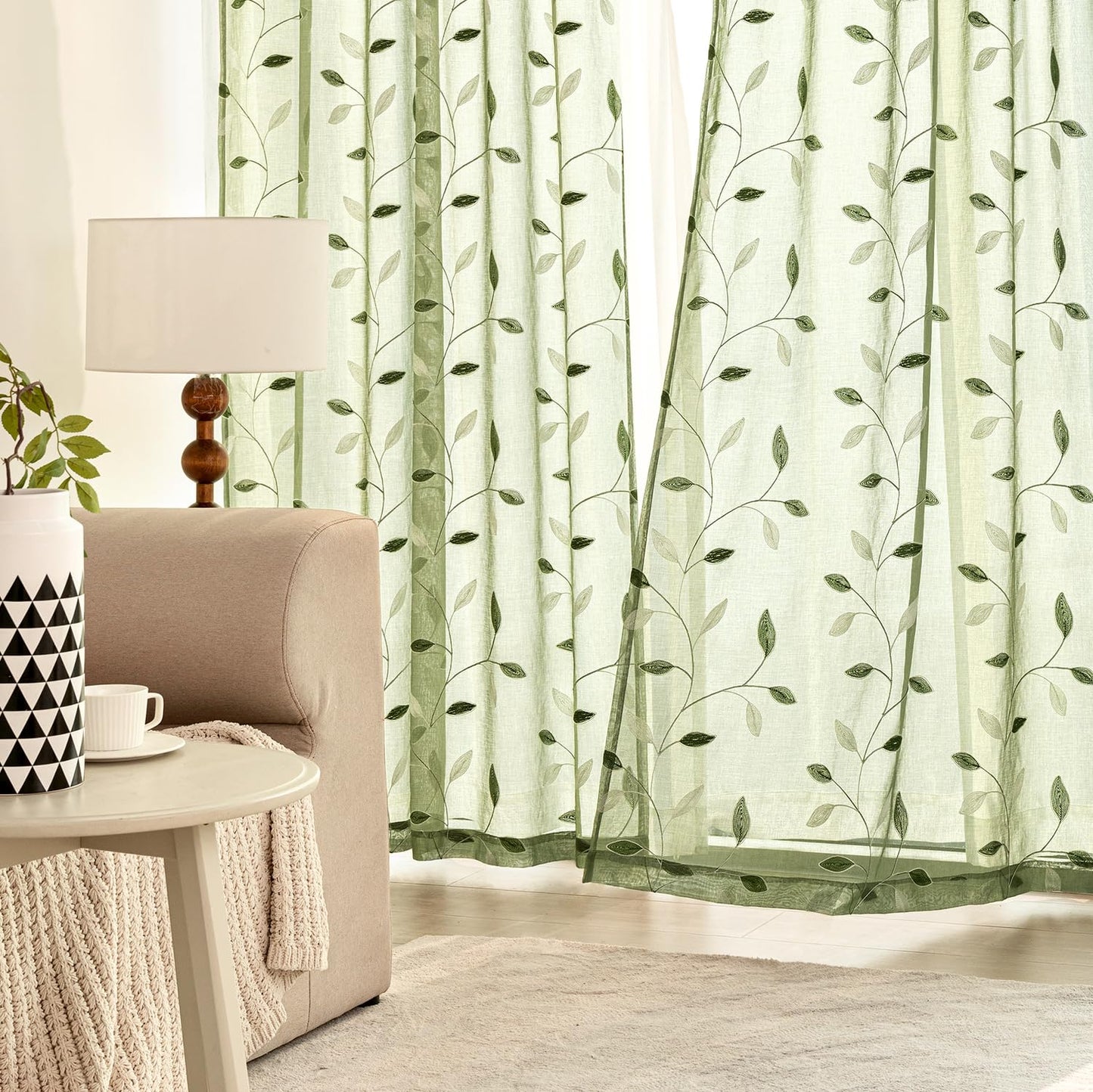 MIULEE Sage Green Curtains 2 Panels Embroidered Leaf Patterned Rod Pocket Floral Semi Sheer Faux Linen Window Curtains Drapes for Living Room Bedroom Farmhouse, 52x84 Inches Long