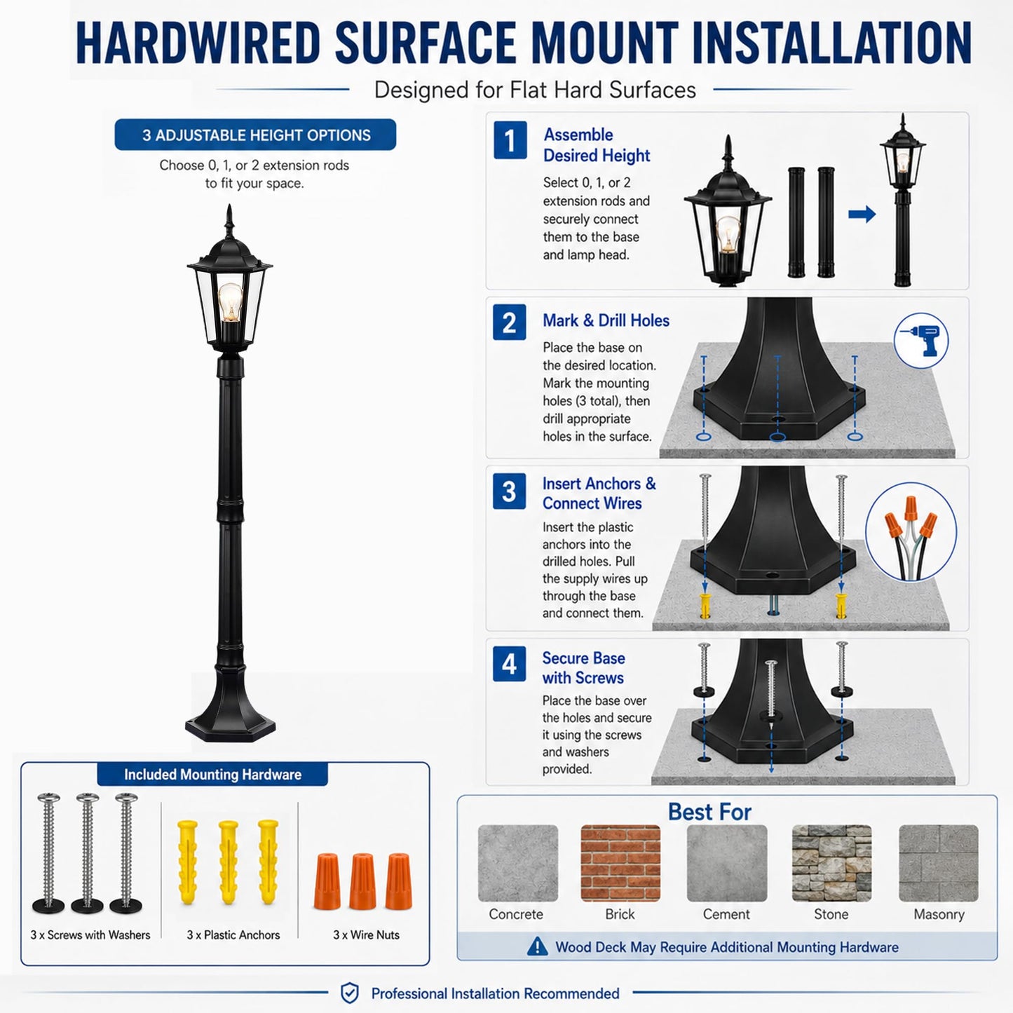 42" Outdoor Post Light Fixture, Hardwired Black Surface Mount Lamp Post Light with Clear Glass, Adjustable Height Aluminum Outdoor Pole Light, E26 Post Lantern for Yard, Garden, Driveway, Patio