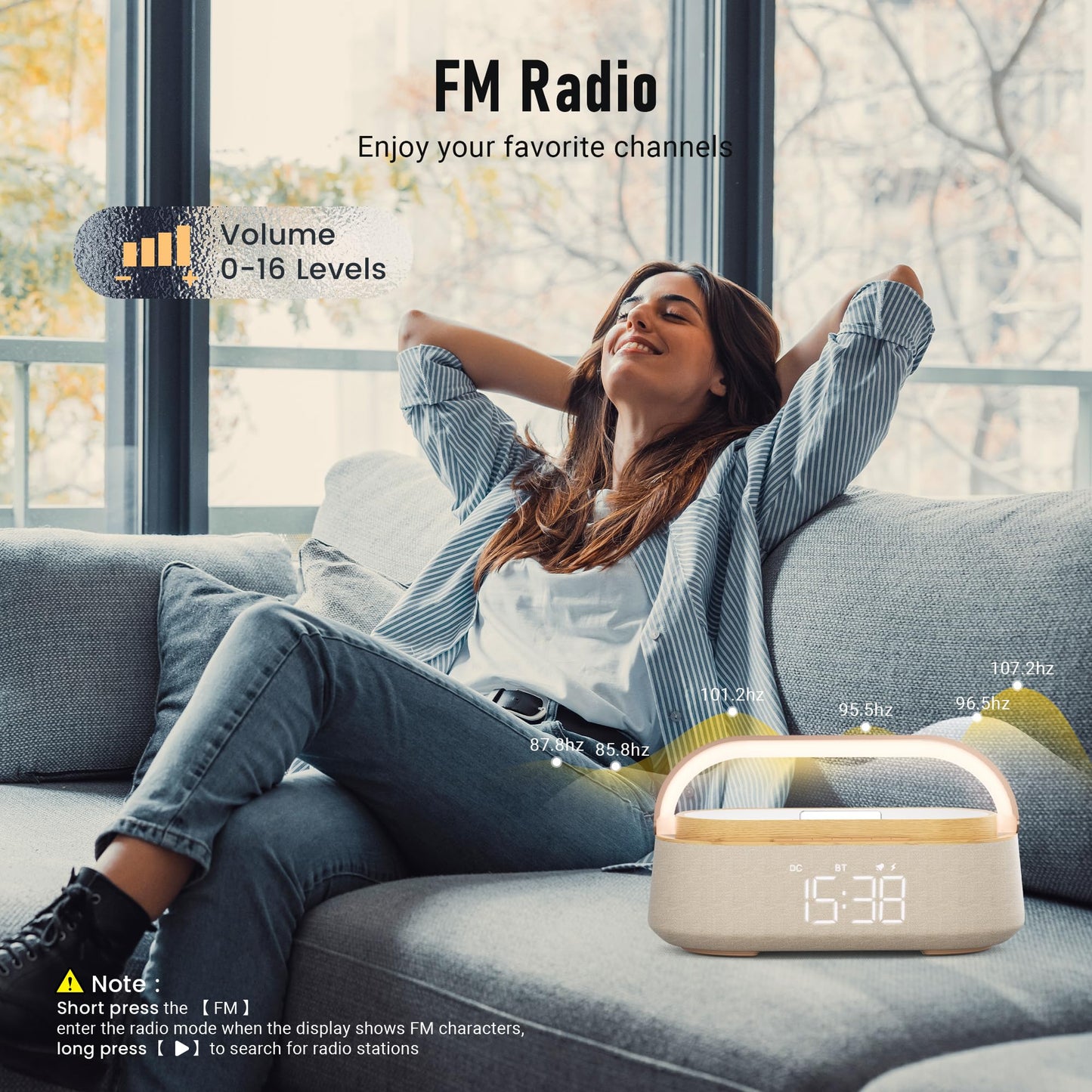 FREEFISH 6-in-1 Alarm Clock with Bluetooth Speaker, Wireless Charging, FM Radio, Night Light, Phone Holder, Digital Clock, 15W Fast Charger for iPhone 16/15/14/13 Samsung, Bedroom Office Gift (Wood)