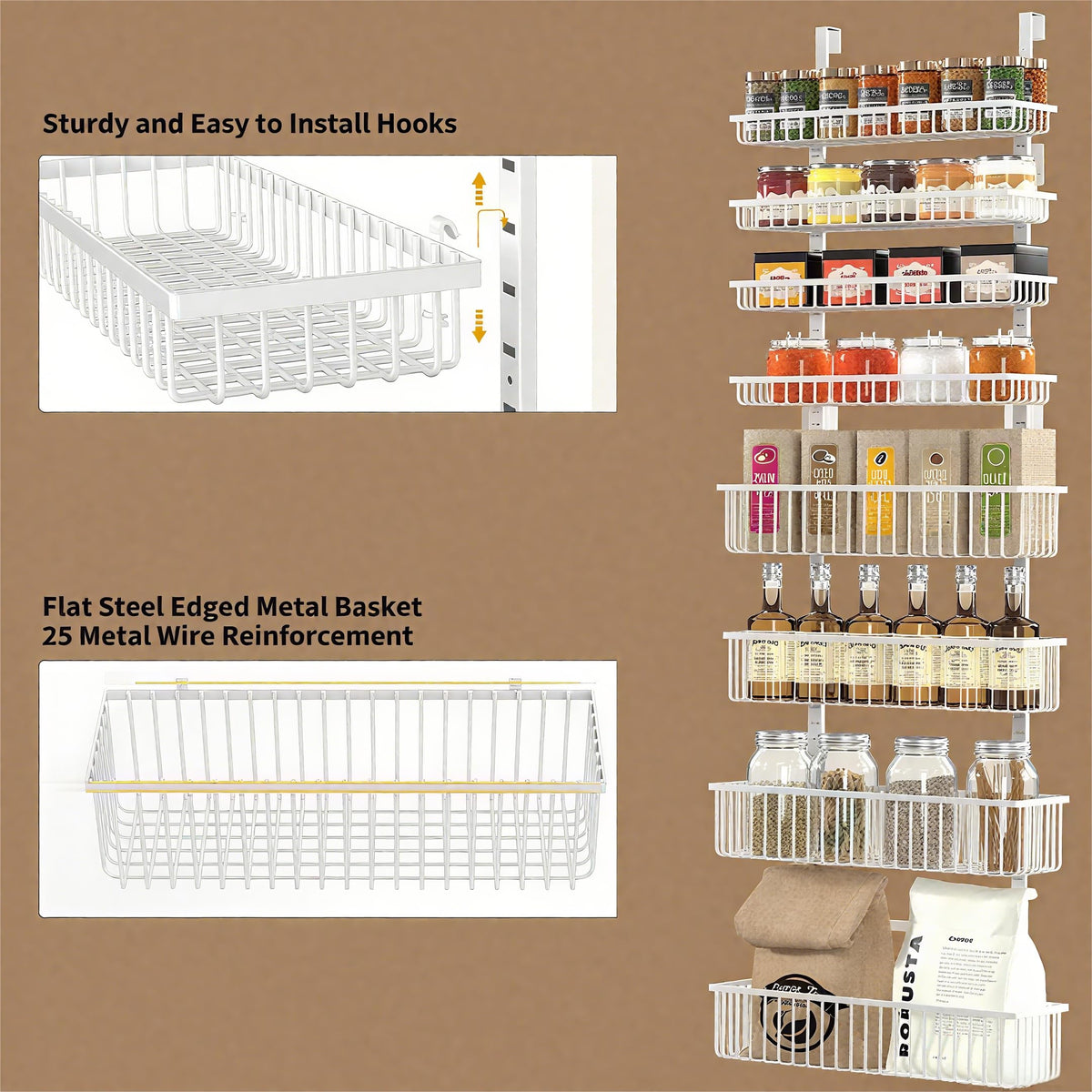 Moforoco Over The Door Pantry Organizer, Pantry Door Organizer Shelves, Kitchen Organizers and Storage, Hanging Basket Wall Spice Rack Seasoning Shelves, Laundry Room Bathroom accessories（White