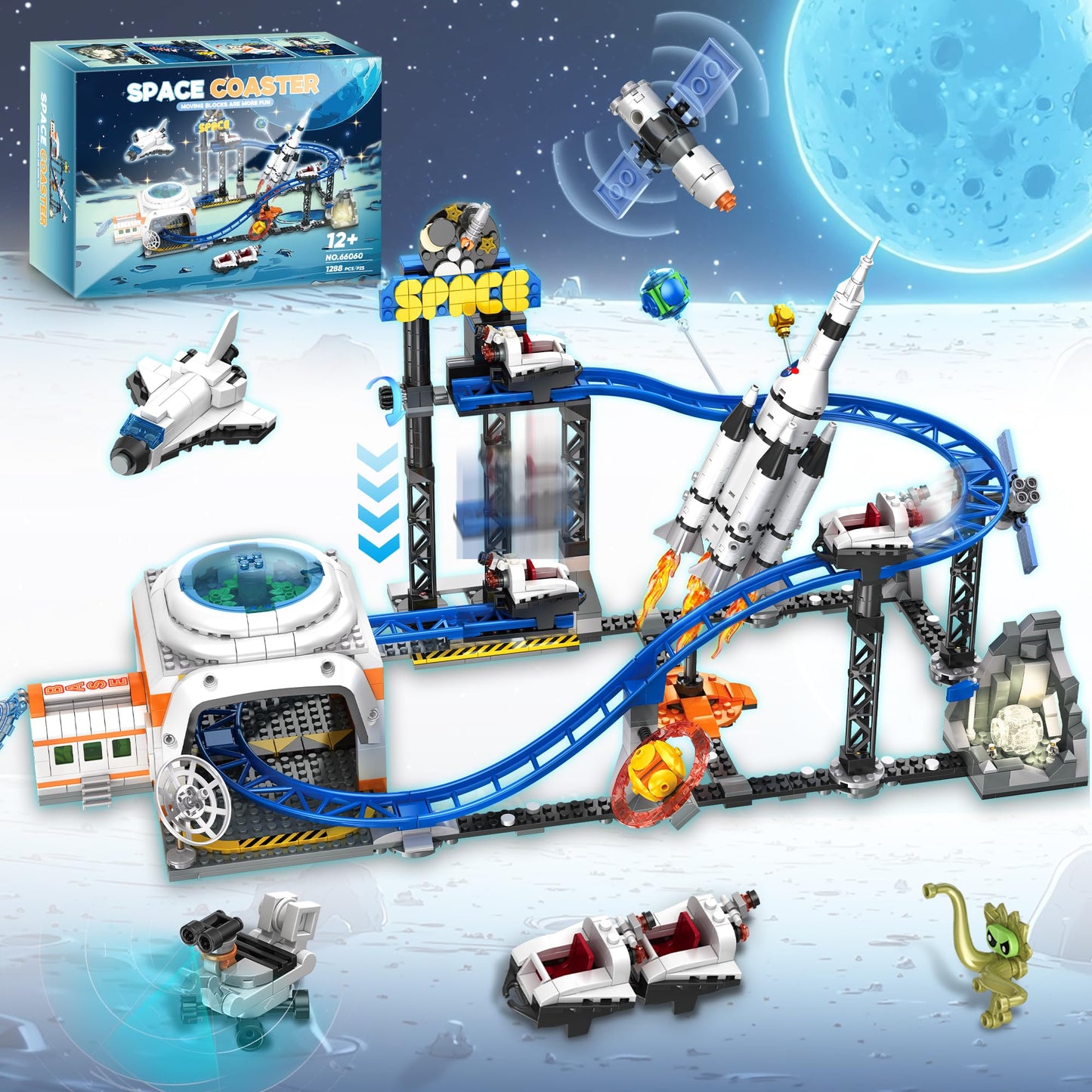Space Roller Coaster Building Set for Boys 12-14, City Amusement Park Block Featuring Lift Platform, Satellites, Rocket for Kids Ages 12+, 1288Pcs