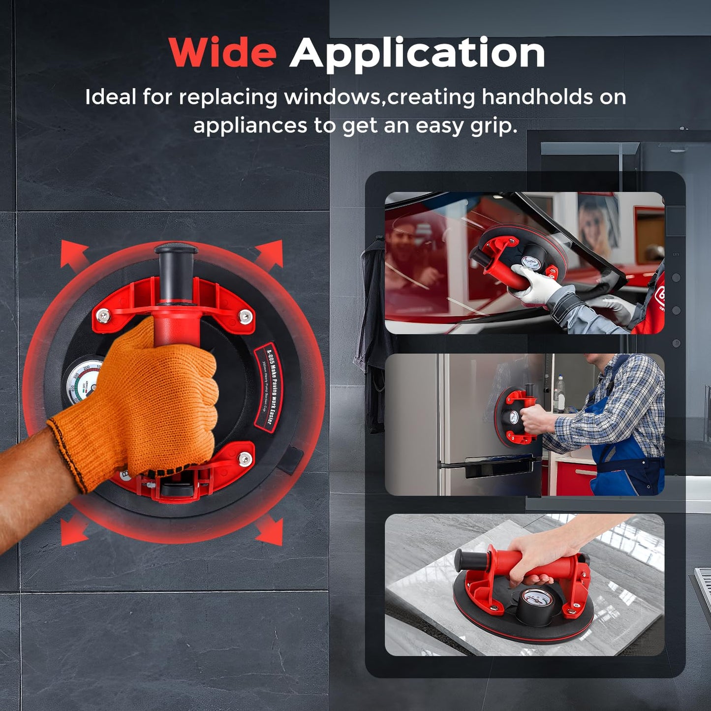 Bonvoisin 8" Glass Suction Cups to Lift Large Glass, 2 Pack Heavy Duty Suction Cup, Vacuum Suction Cups with Pressure Gauge for Tile, Window, Windshield Replacement Load Capacity 330LBS