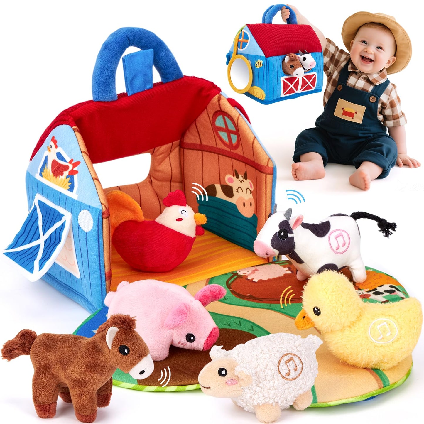 hahaland Baby Toys 6-12 Months - Surprise Barn with Stuffed Farm Animals with Real Sounds & Word Repeats, Mirror- Sensory Toy Montessori Toys for 6 Month Old Baby 1 Year Old Boy Girl