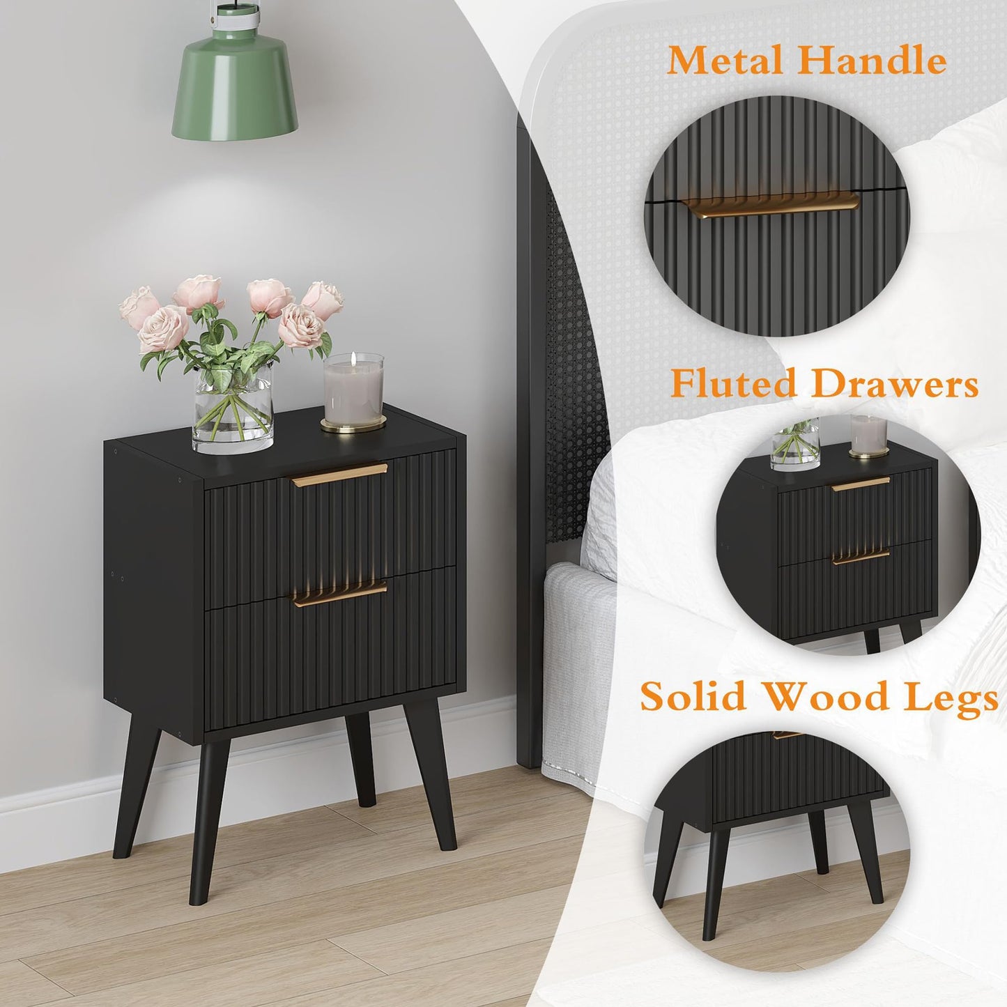 YAUKOMEL Small Night Stand,Bedside Table,Black Nightstand with 2 Storage Drawers,Fluted Side Table with Solid Wood Legs,Mid Century End Table for Living Room,Bedroom,Small Space,Black CAACTG55BK