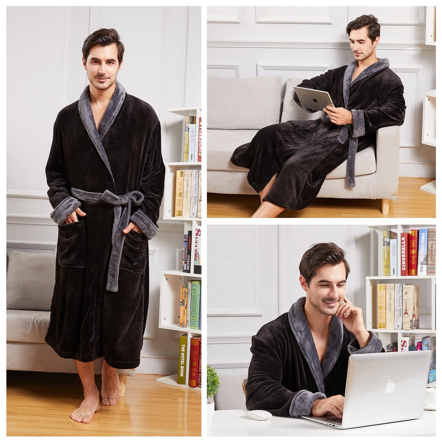 FashGudim Mens Robe Plush Robes for Men Warm Soft Fleece Bathrobe Calf Length Shawl Collar Short House Robes with Pockets, Black & Grey, Small-Medium