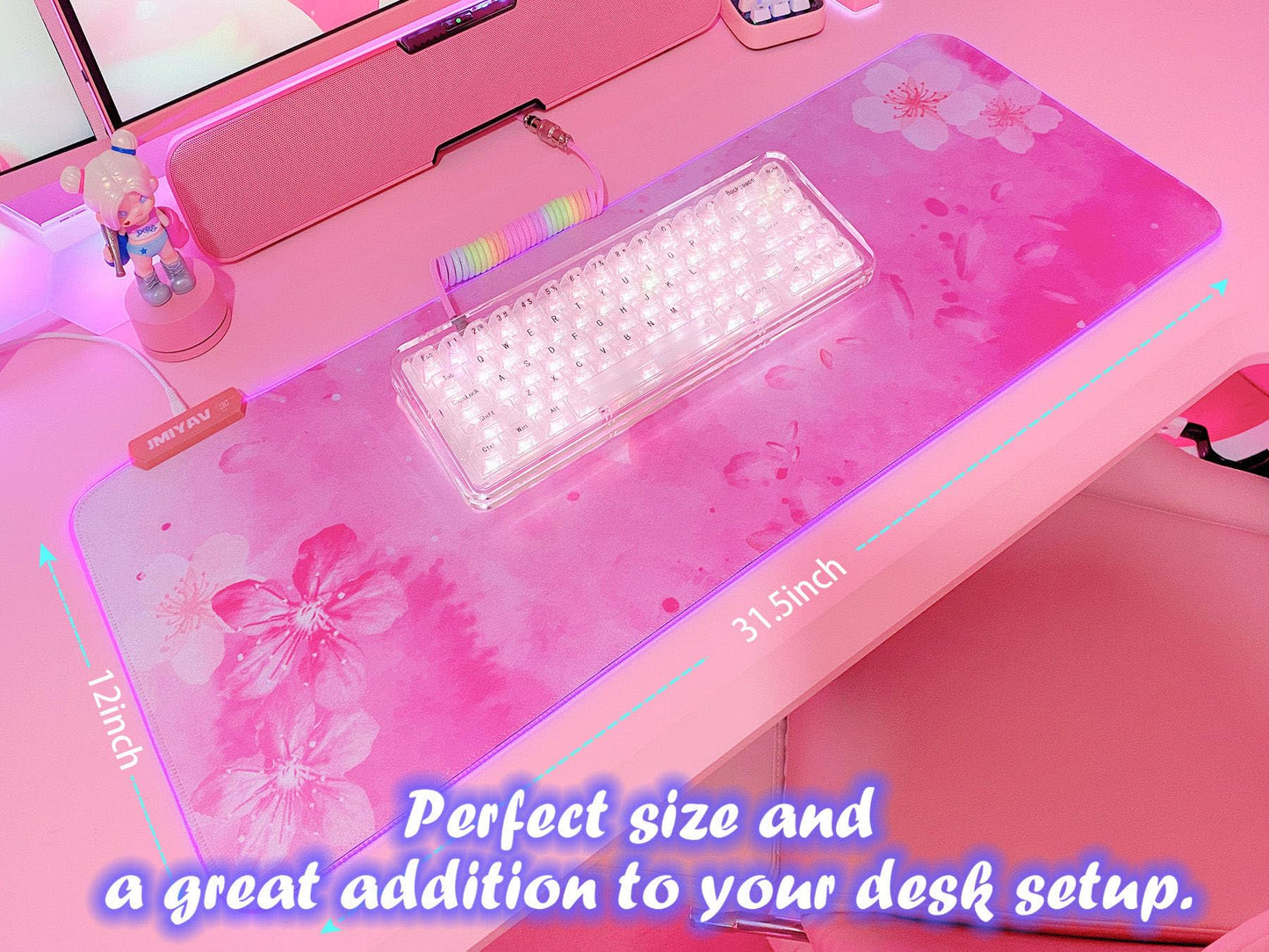 JMIYAV Pink RGB Gaming Mouse Pad 31.5x12 Inch PC XL Large Extended Mouse Pad Glowing LED Light Up Desk Pad Non-Slip Rubber Base Computer Cute Mousepad Mat Cherry Blossom