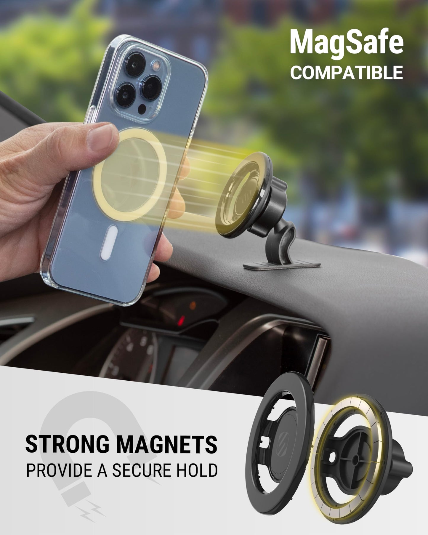Scosche SMSDV MagicMount MagSafe Car Mount for Vent/Dashboard Cell Phone Holder, 360 Rotation Magnetic Phone Stand for Dash with Vent Clip Compatible with iPhone 16 15 14 13 12 and Android Cellphone