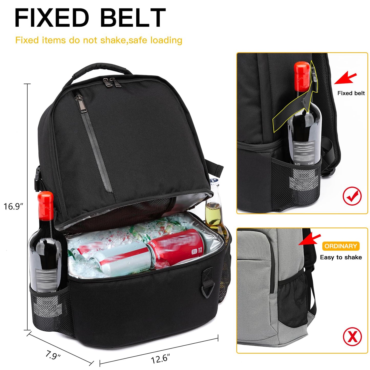 TUGUAN Insulated Cooler Backpack 16/26 Cans Double Deck Leakproof Lightweight Soft Lunch Backpack Small Cooler Bag Beach Picnic, Black