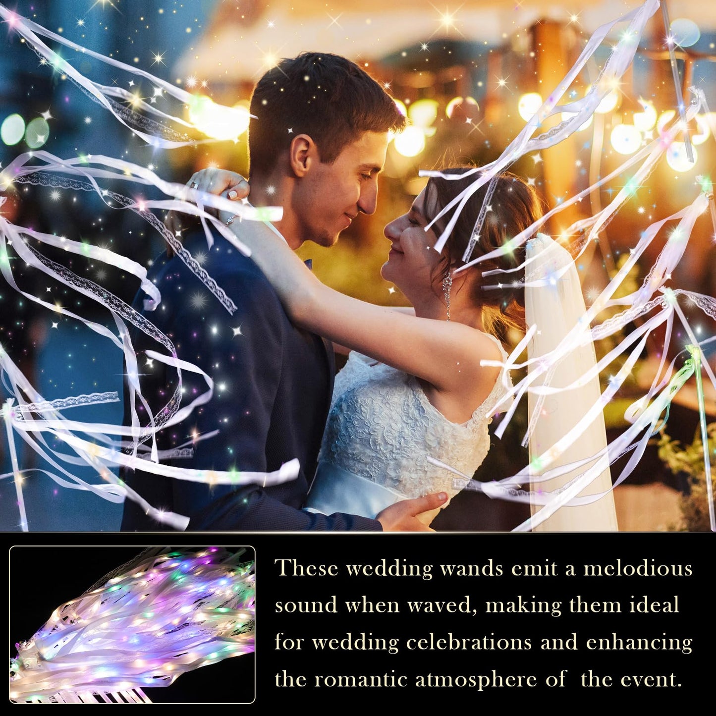 AUGFRYZIAN 100 Pieces Light up Wedding Wands with Ribbons & Bells –LED Silk Wedding Fairy Wands Streamers with Warm White & Colorful Lights for Wedding Send Off Ideas, Parties, and Celebrations