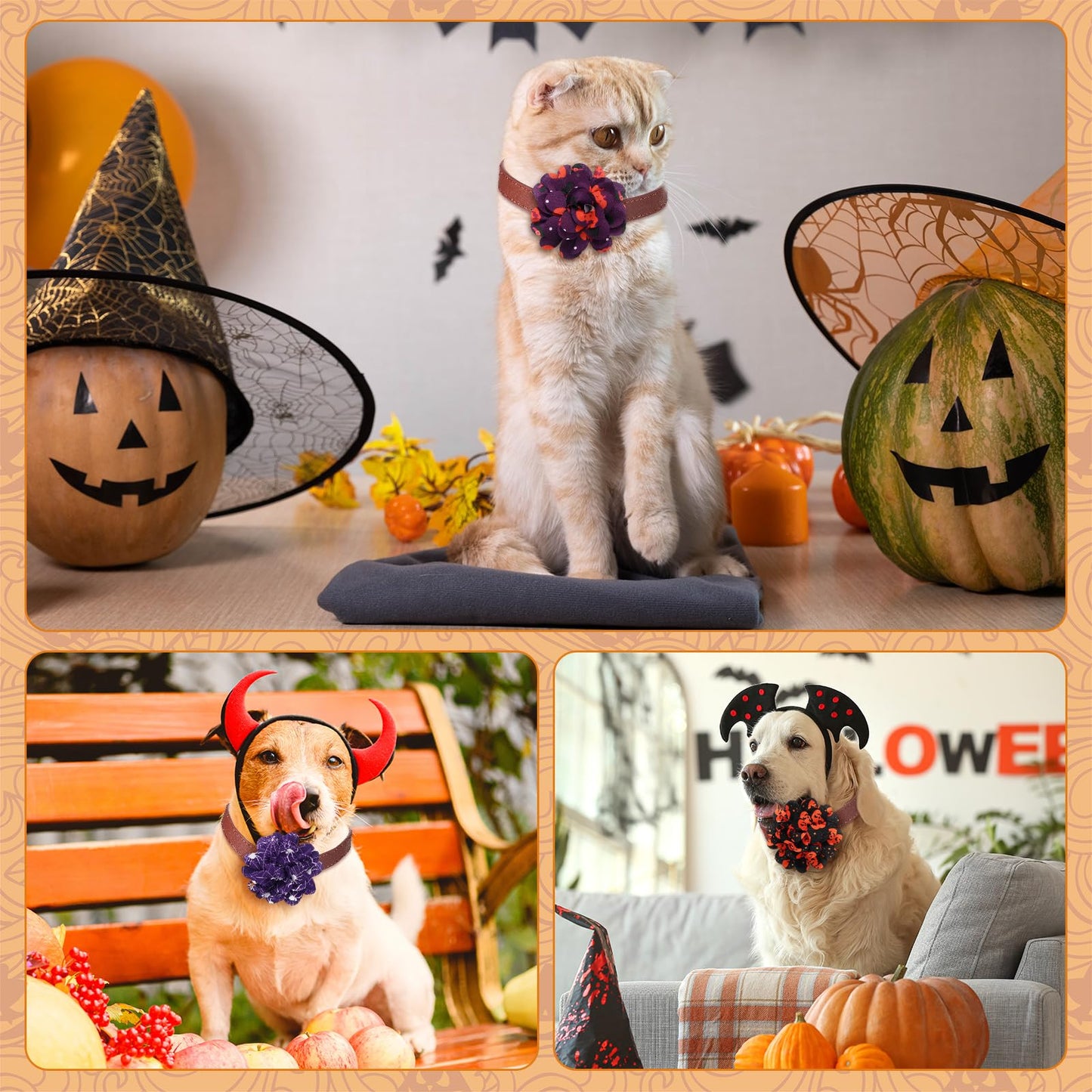 Silkfly 80 Pcs Halloween Dog Collar Flowers Bulk Holiday Pet Collar Bows Grooming Accessories for Small Medium Large Cat Puppy Dog(Pumpkin Style)
