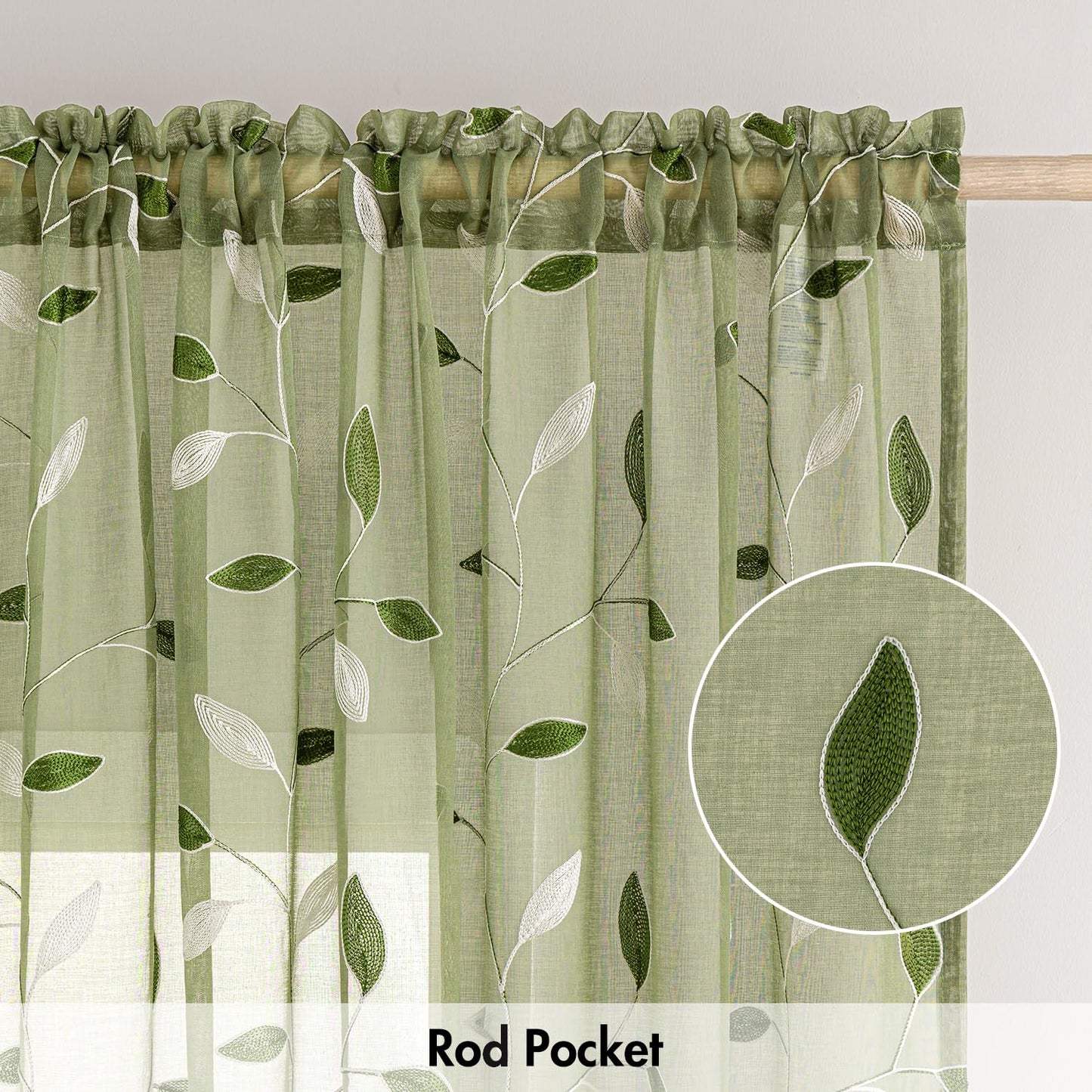 MIULEE Sage Green Curtains 2 Panels Embroidered Leaf Patterned Rod Pocket Floral Semi Sheer Faux Linen Window Curtains Drapes for Living Room Bedroom Farmhouse, 52x84 Inches Long