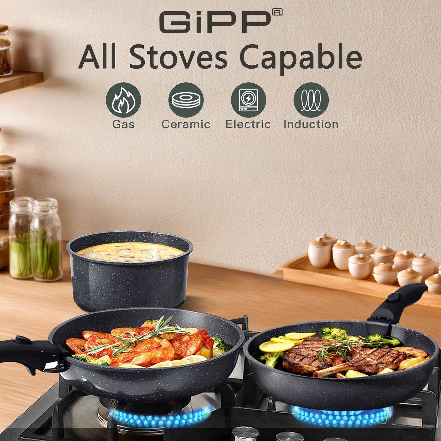 GiPP Ceramic Non Stick Pots and Pans Set,Nonstick Detachable Handle Cookware Sets,Healthy Non Toxic PFAS PFOA & PTFE Free, Dishwasher ＆Oven Safe, Induction Kitchen Pot and Pan, 8 Piece Grey
