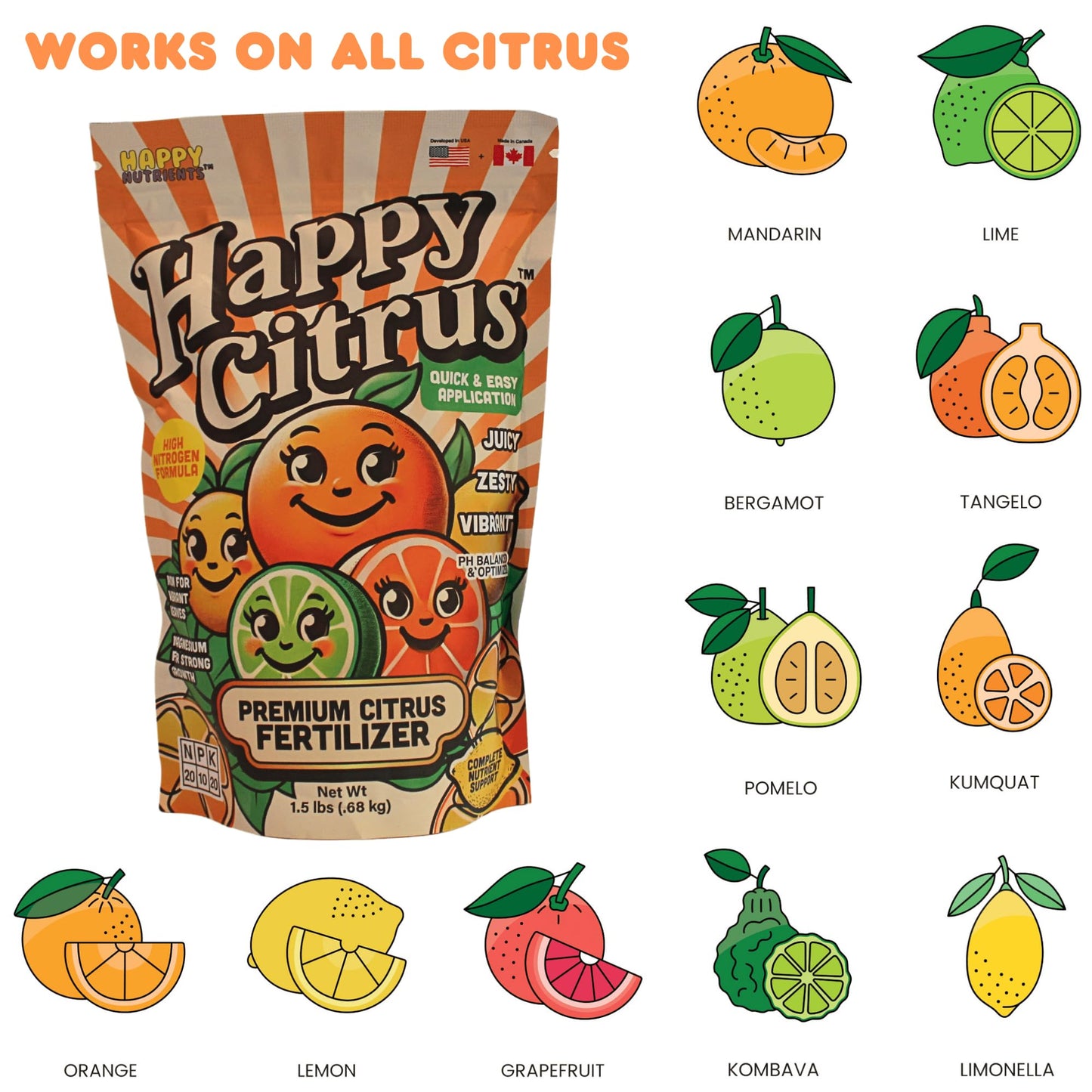 Citrus Fertilizer by Happy Nutrients - High Nitrogen Fruit Tree & Plant Fertilizer with Iron - Nutrient Support for Juicy, Flavorful Citrus - 1.5 lbs for Indoor/Outdoor Fruit Plants