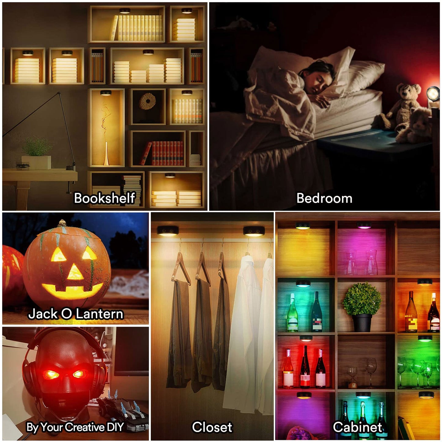 LED Puck Lights Battery Operated Under Cabinet Lighting, Closet Lights with Remote, Color Changing Under Counter Lighting, Stick On Lights for Kitchen, Bookcase, Cupboard, 6 Pack - Black