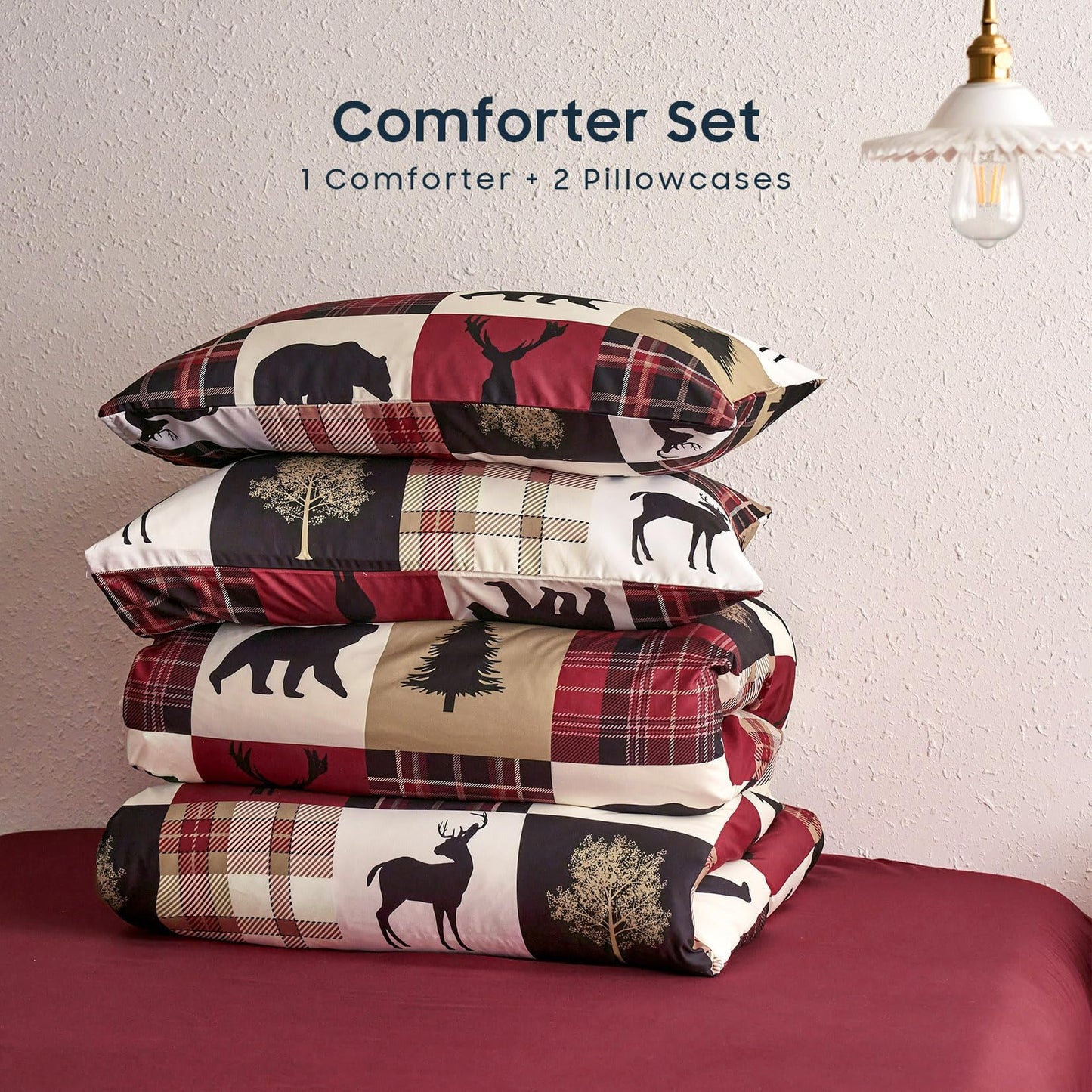 Wake In Cloud - Rustic Comforter Set, Cabin Christmas Farmhouse Western Lodge Woodland Wildlife Patchwork RV Outdoor Theme, Soft Lightweight Bedding, 3-Piece, Burgundy Black, Queen Size