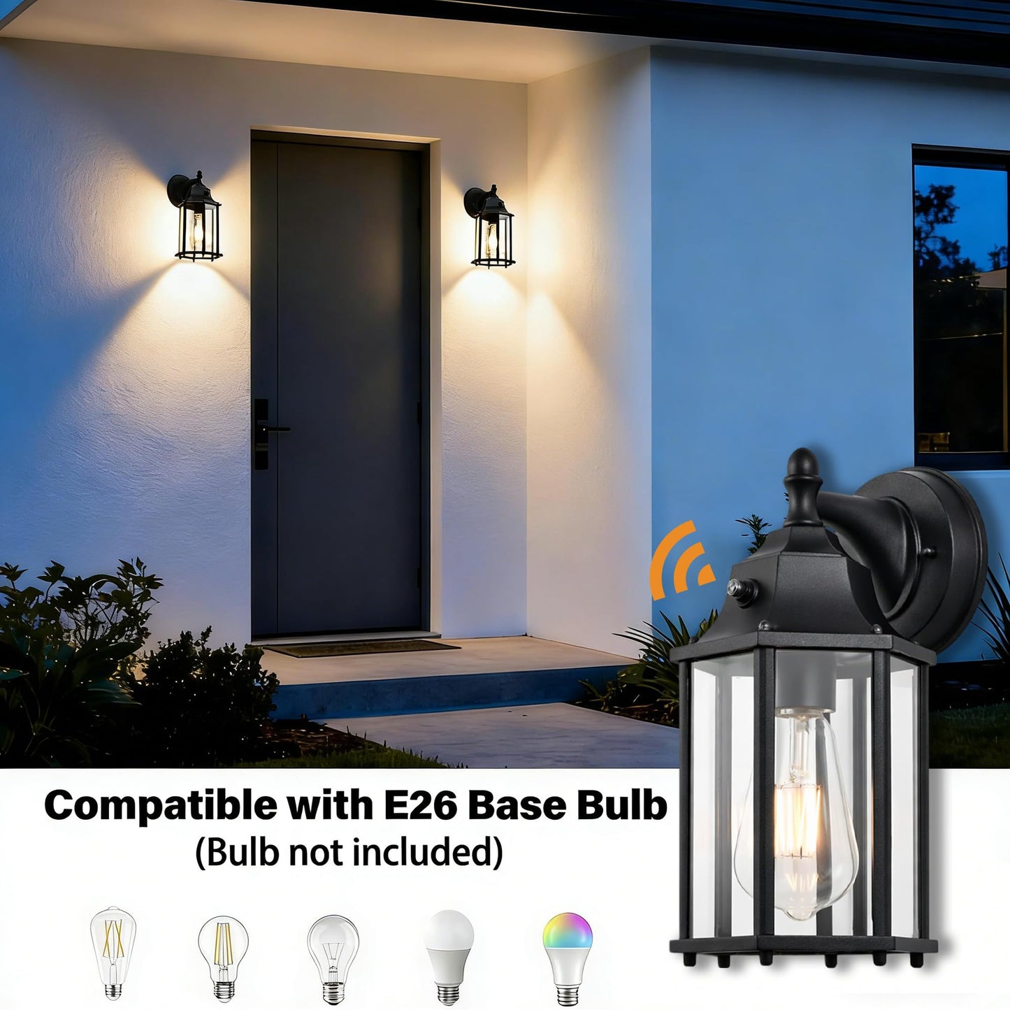Dusk to Dawn Outdoor Wall Lights 2-Pack, Black Exterior Wall Sconces with Clear Glass, Waterproof Anti-Rust Porch Lights Outdoor, E26 Base Wall Lanterns for Front Door, Garage, Entryway