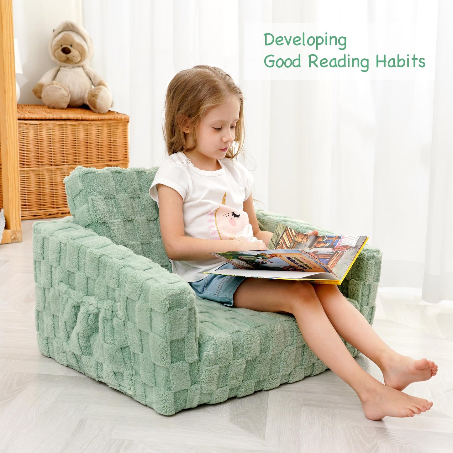 Toddler Couch for Kids, 2-in-1 Kids Fold Out Couch with Flip Open Sofa Lounger, Soft Flannel Kids Sofa Chair for Playroom Bedroom, Green