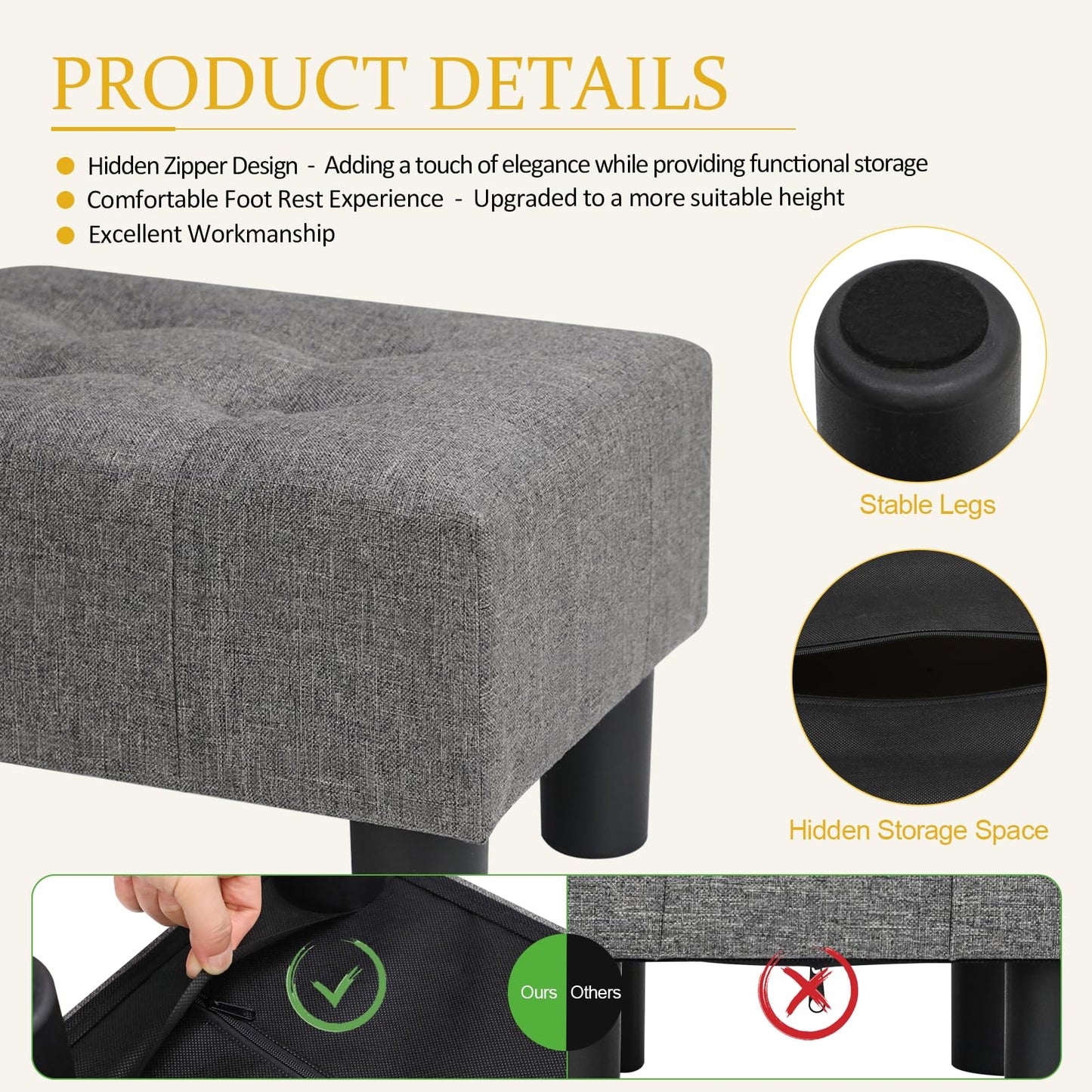 Nizrezol Small Foot Stool Ottoman, Linen Ottoman Foot Rest with Legs, Rectangle Foolstool Footrest for Couch Living Room Entryway, Grey 15.8x11.8x9.5in