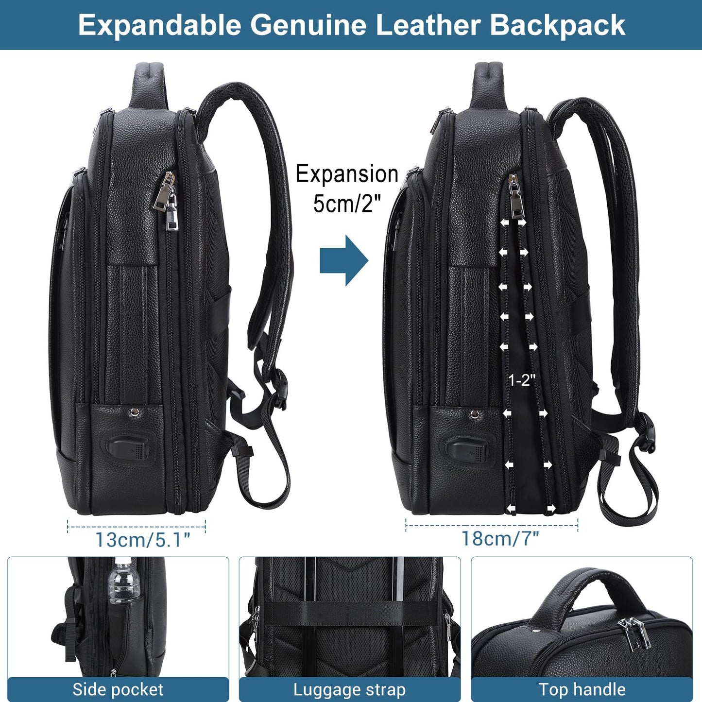 TIDING Men's Genuine Leather Expandable Backpack 15.6 Inch Laptop Bag Slim Work Business Daypack with USB Charging Port