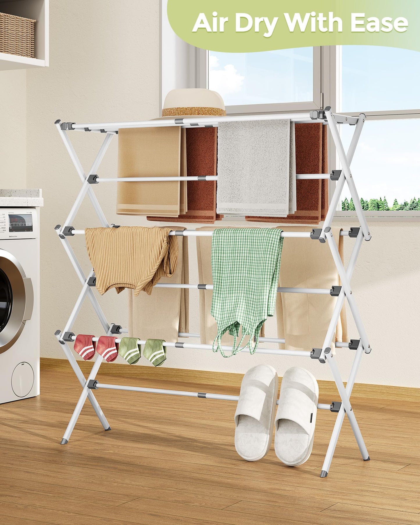 APEXCHASER Clothes Drying Rack, Expandable Drying Rack Clothes, Collapsible 3 Tiers Foldable Laundry Rack Indoor, for Baby Clothe Towels Bibs, White, 37.6inch