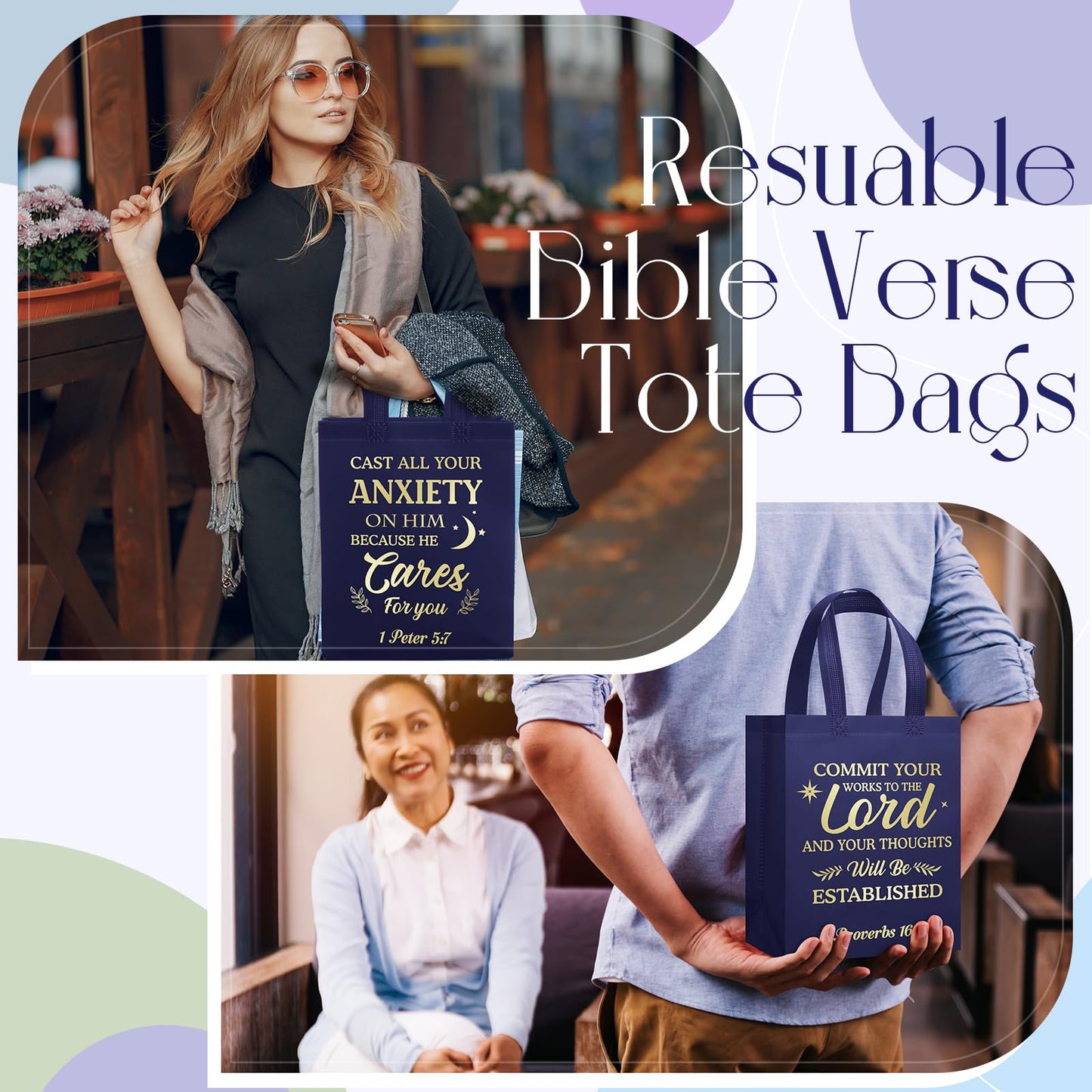 Talltalk 50 Pcs Christian Gift Bag Bulk Reusable Bible Verse Tote Religious Welcome Visitors Church Bags with Scriptures Clergy Pastor Gift for Sunday School Party Favors Christmas(Dark Blue,Medium)