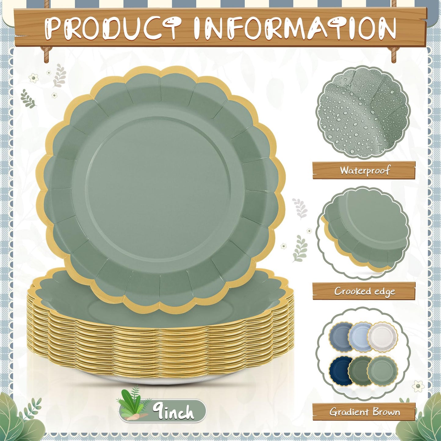 Tiangrid 48 Pcs Dusty Blue Sage Green Paper Plates 9 Inch Green Blue Scalloped Paper Disposable Dinner Dessert Plates for Birthday Wedding Bridal Party Supplies, 6 Colors