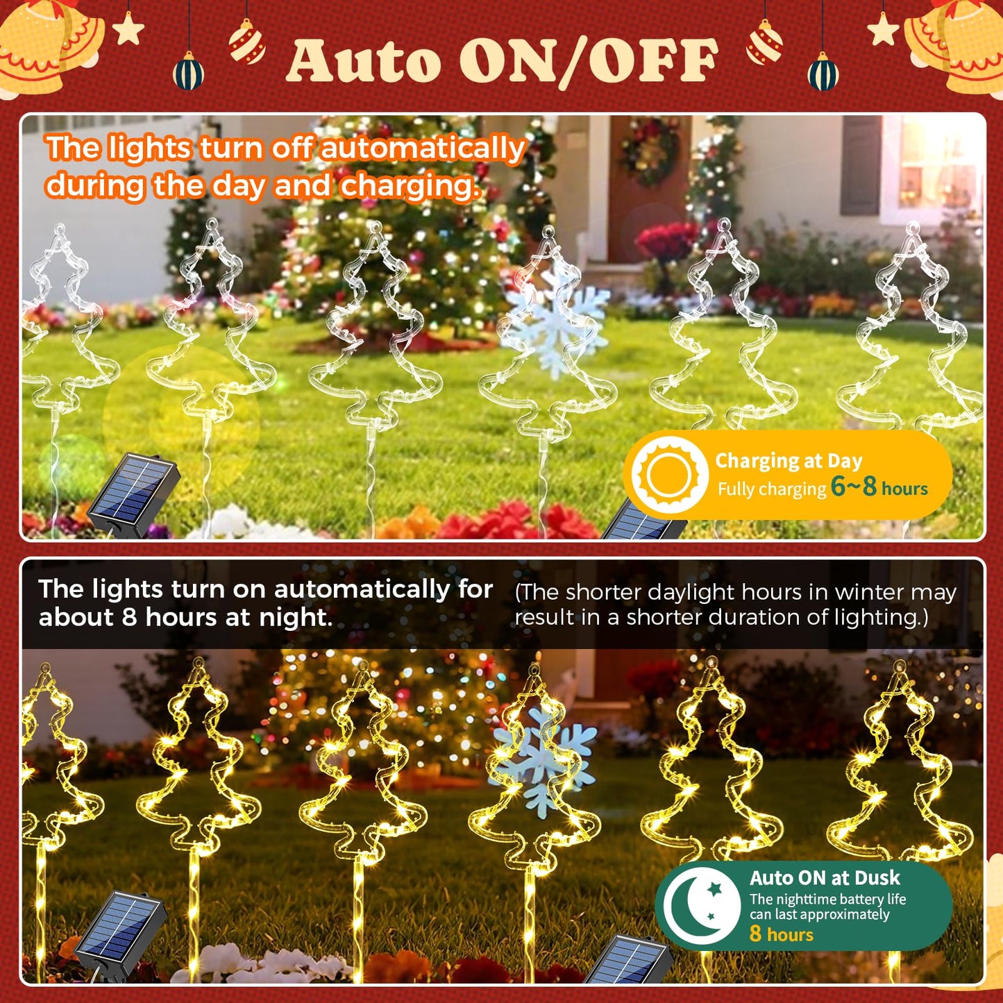 6 Packs Christmas Tree Solar Garden Lights with 8 Light Modes, 21.65 Inches Tall Christmas Outdoor Garden Light with 20 LEDs Each, Solar Outdoor Xmas Decor for Garden, Path, Patio (Warm White)