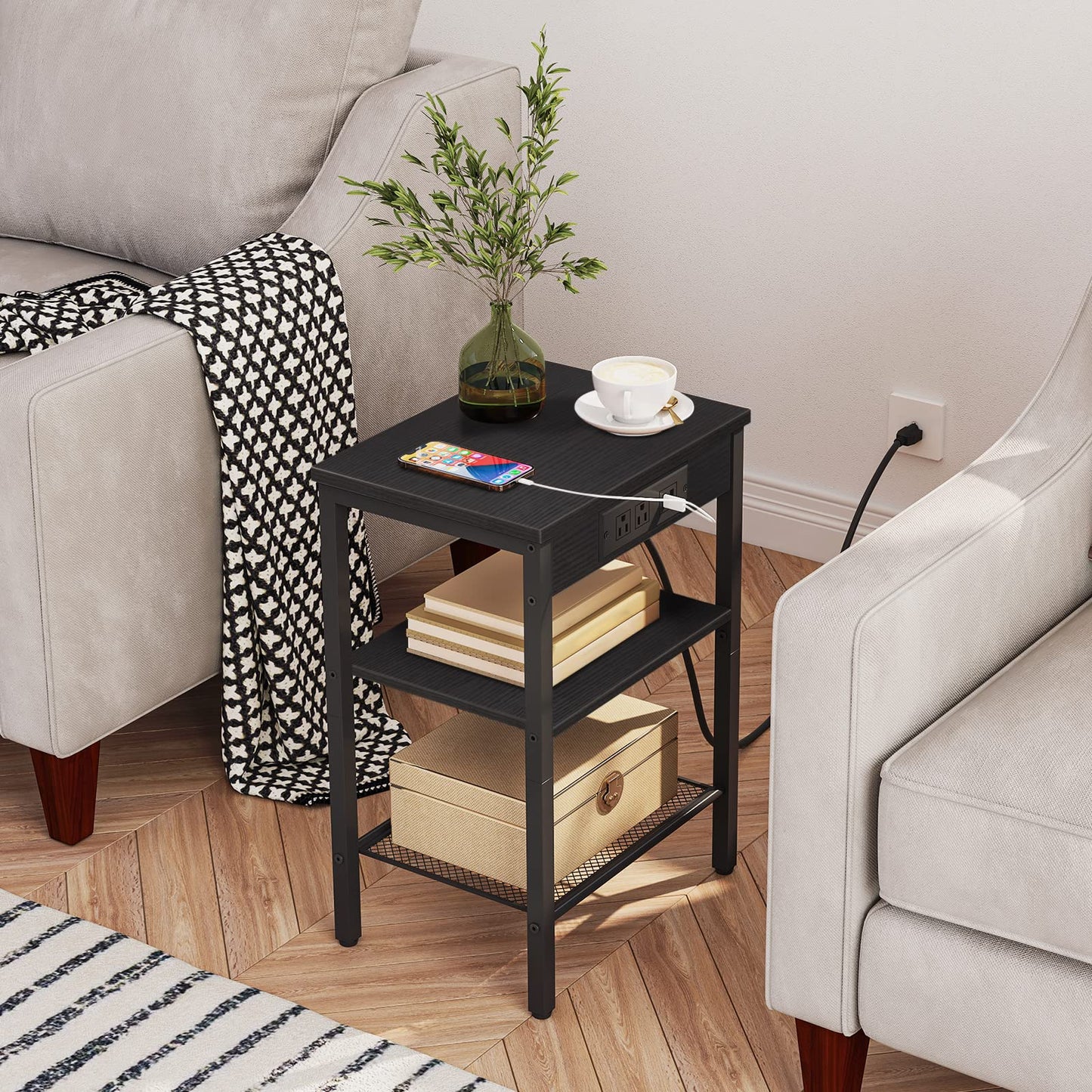 HOOBRO End Table with Charging Station and USB Ports, 3-Tier Nightstand with Adjustable Shelves, Narrow Side Table for Small Space in Living Room, Bedroom and Balcony, Black BB112BZ01