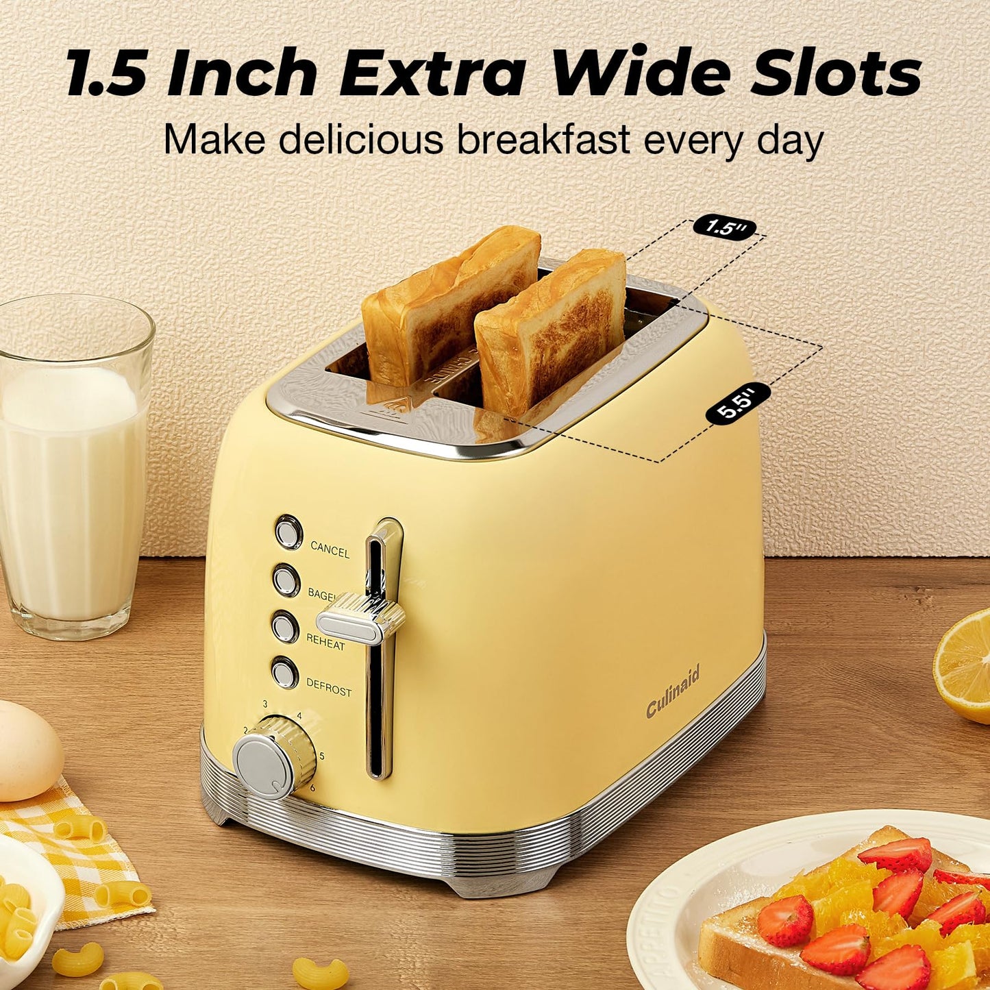 Culinaid 2 Slice Toaster Retro Stainless Steel with 1.5” Extra Wide Slots Bagel, Defrost, Reheat, Cancel Function, 6 Bread Shade Settings, Removable Crumb Tray, Yellow