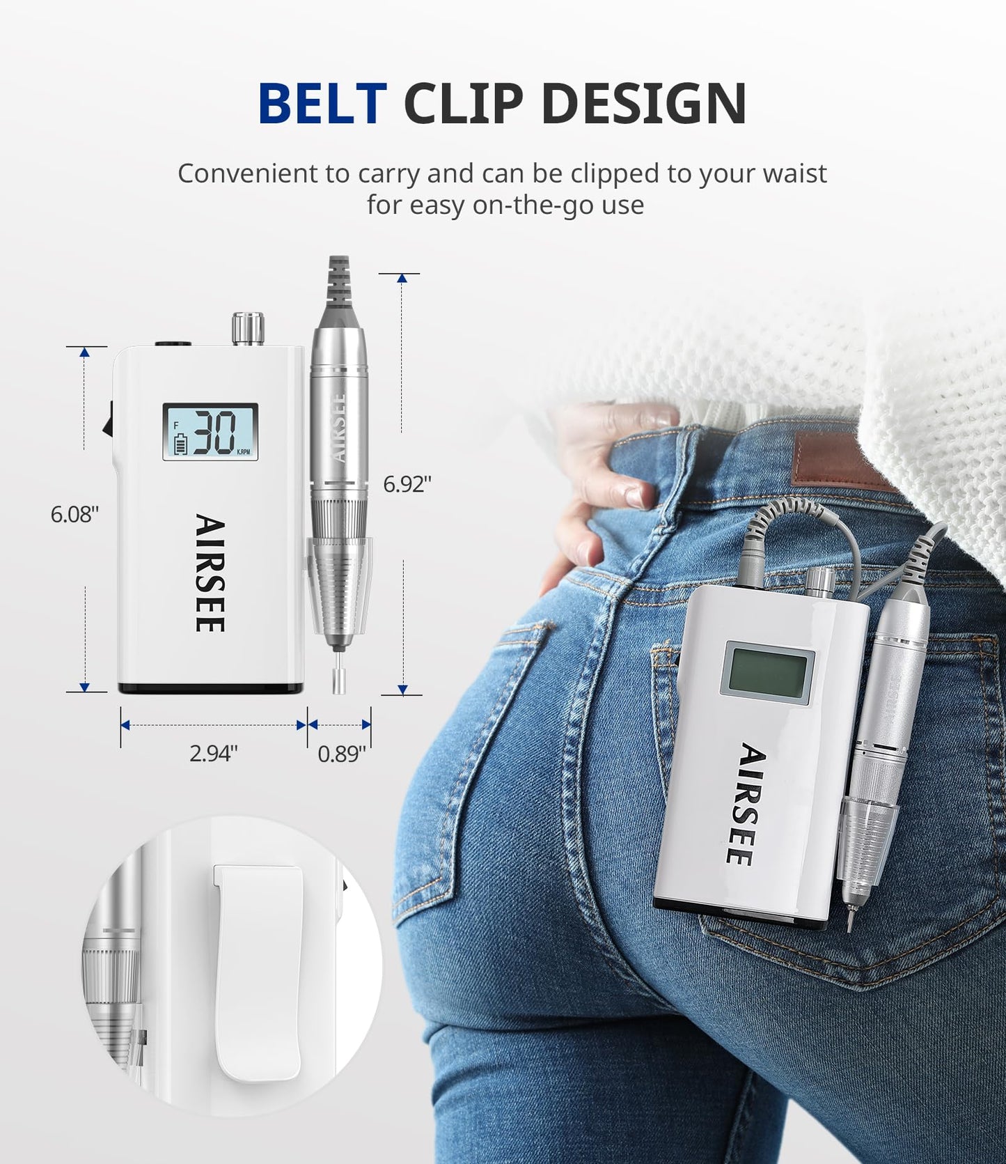 AIRSEE Rechargeable 30000RPM Electric Nail Drill Professional Portable E File Machine for Acrylic Nails Natural Extension Gel Nails Polish Cuticle, Cordless High Speed for Salon Use or Home DIY White