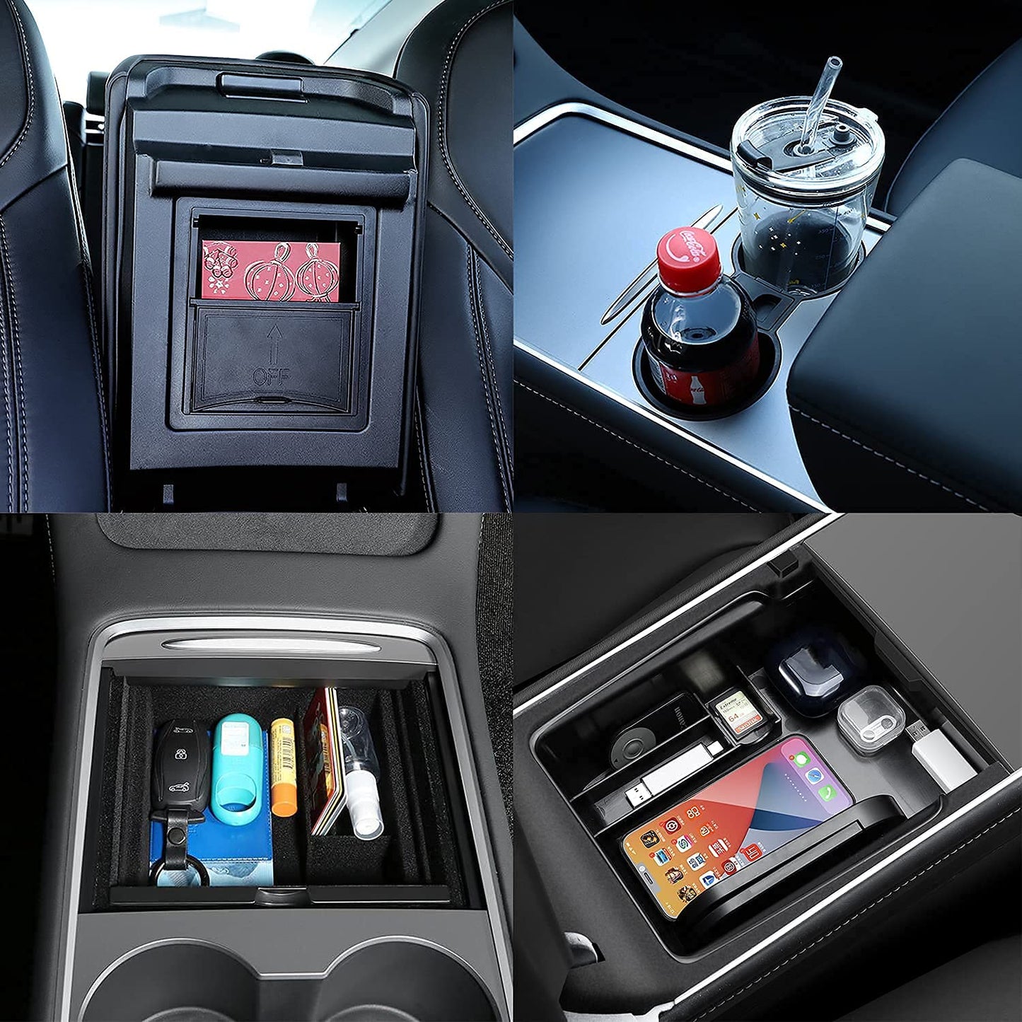Center Console Organizer Tray Cup Holder Insert 4PCS for 2021 2022 2023 2024 Tesla Model Y and 2021-2023 Tesla Model 3 Interior Accessories Flocked Organizer Armrest Hidden Cubby Drawer Storage Box