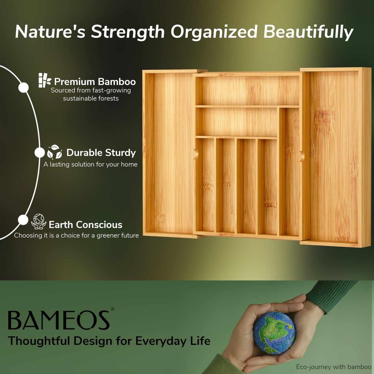BAMEOS Utensil Drawer Organizer, Cutlery Tray Desk Drawer Organizer Silverware Holder Kitchen Knives Tray Drawer Organizer, 100% Pure Bamboo Expandable Adjustable Cutlery