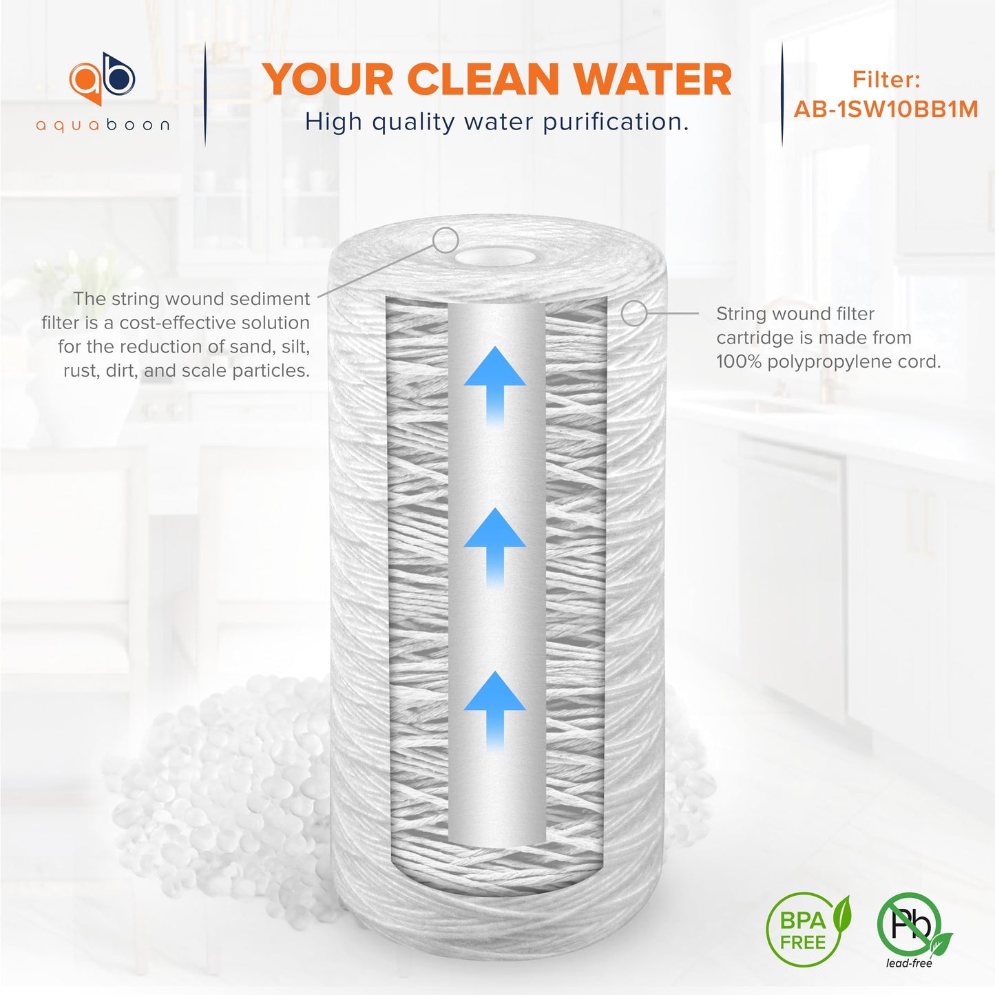 Aquaboon 1 Micron String Wound Water Filter 10x4.5 Replacement - Whole House Water Filter Cartridge Compatible with WP5BB97P,WP10BB97P, AP810, 4-Pack