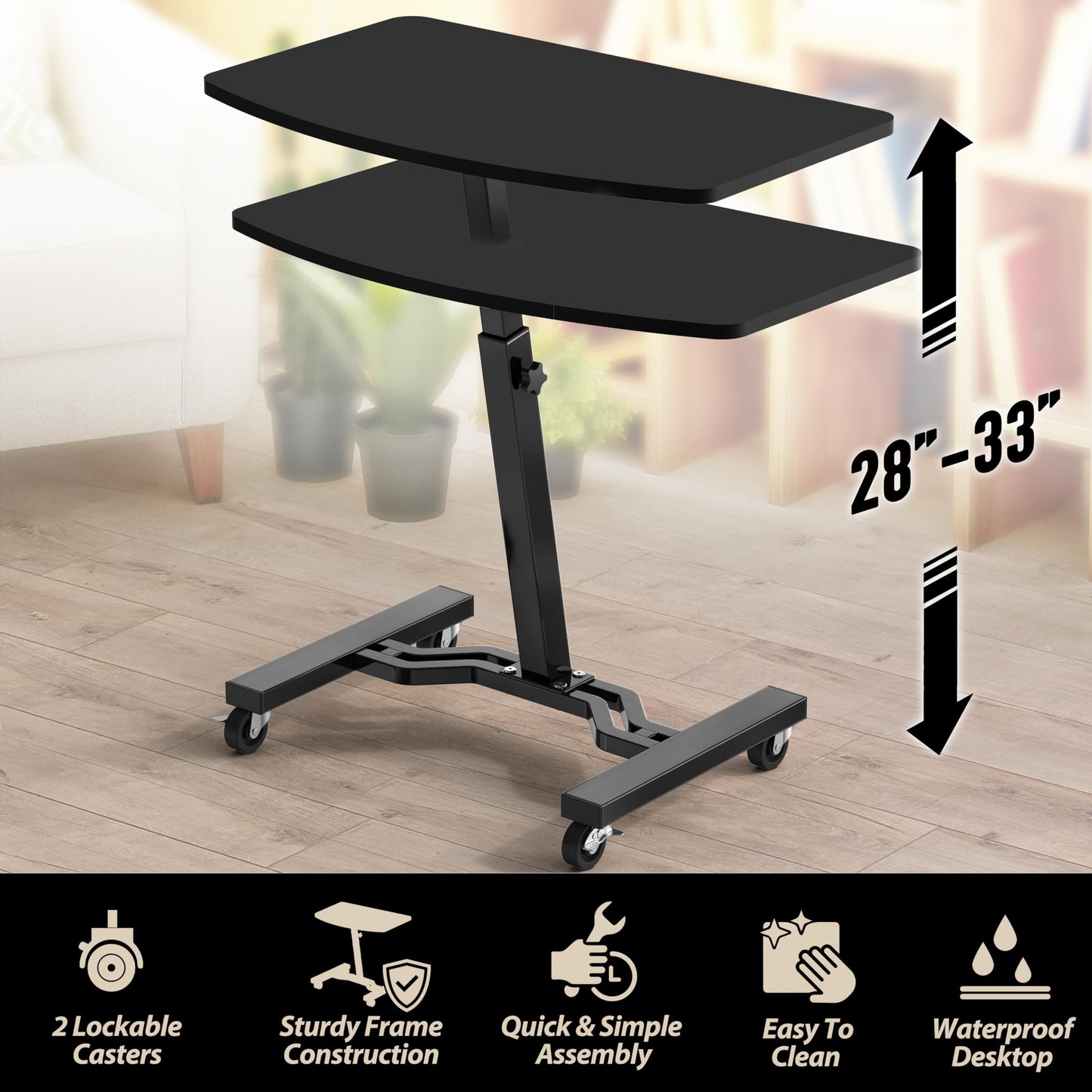 SHW Mobile Height Adjustable Laptop Rolling Cart with Height Adjustment from 28" to 33" (71 cm to 84 cm), Black