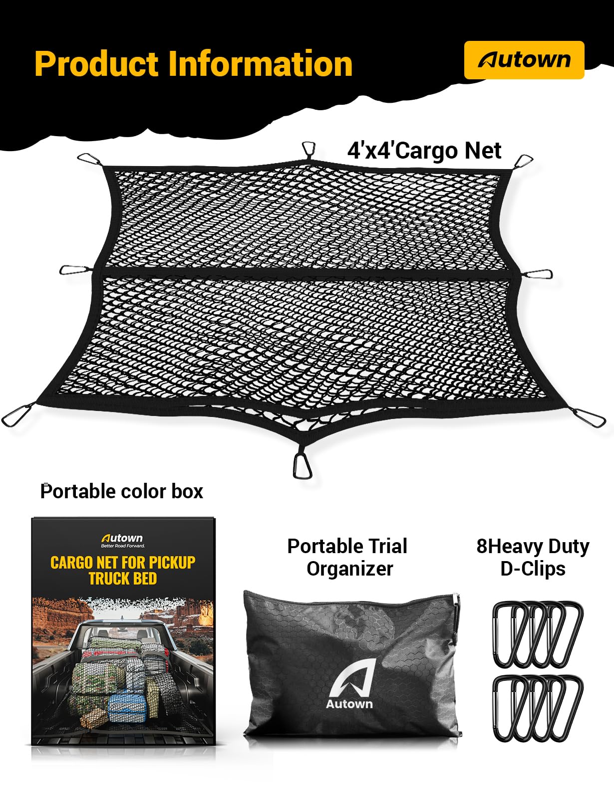 Cargo Net for Pickup Truck Bed - Stretchable 4'x4' to 7'x7', High Elastic Fine Mesh 1''x1'' with 8 Metal Carabiners - Ideal for ATV, SUV, UTV, Truck and Boat Use (Double Layer)