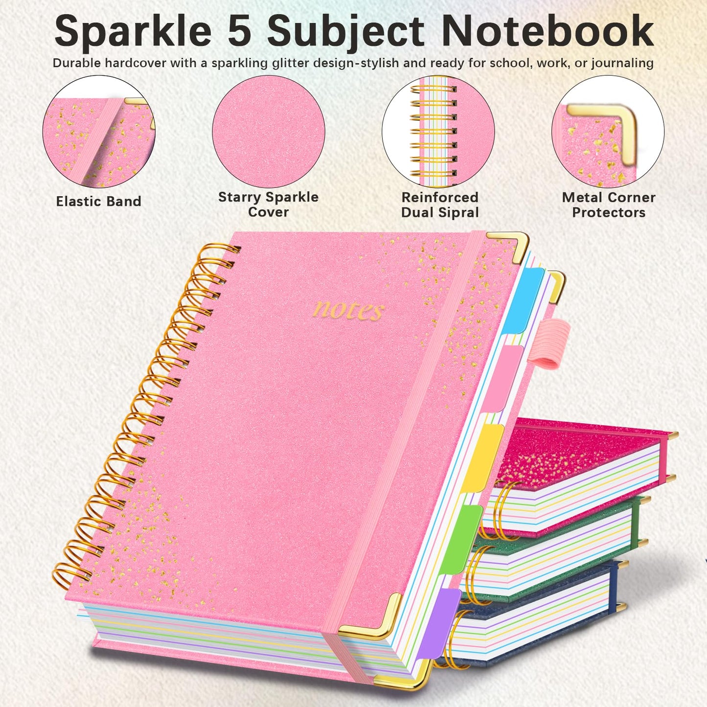Hardcover Spiral Notebook with Removable Dividers & Tabs, 8"x10" 5 Subject Notebooks for Work, 300 Pages College Ruled Notebook, Sparkle Lined Journal for Women Girls Students Note-Taking