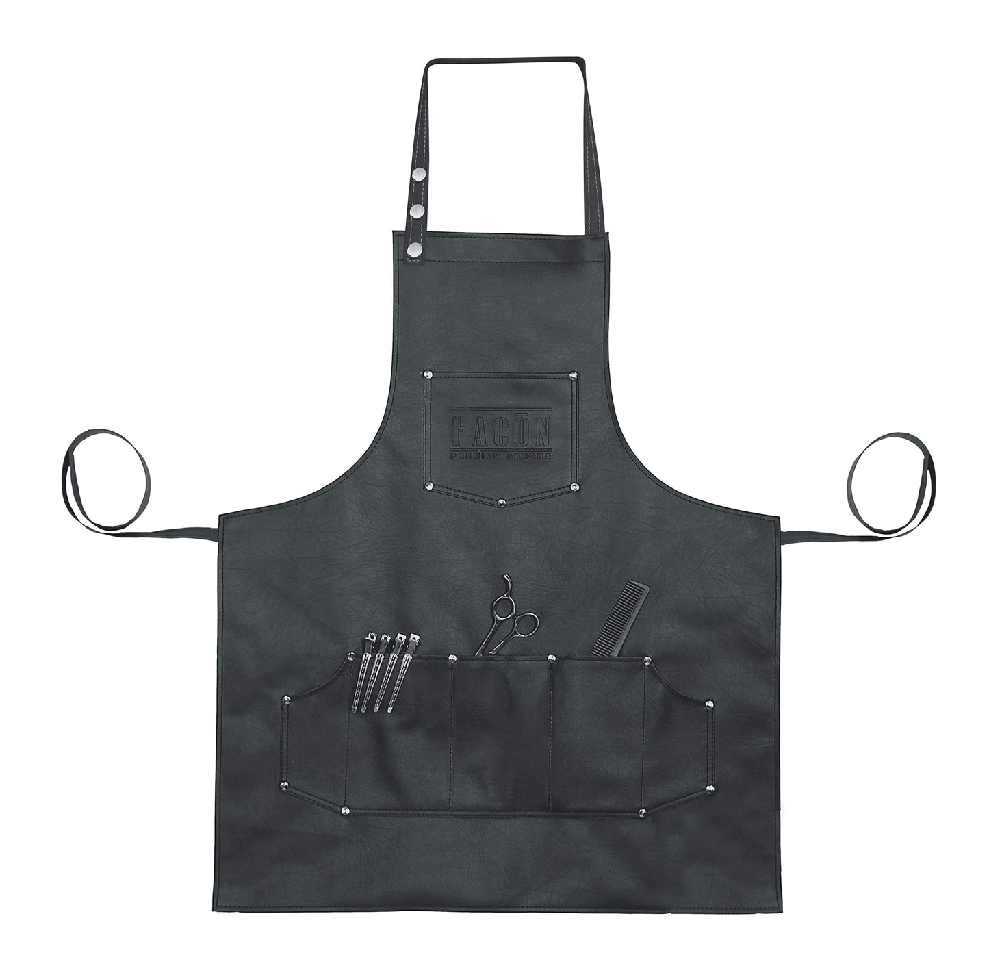 Facón Professional Leather Hair Cutting Hairdressing Barber Apron Cape for Salon Hairstylist - Multi-use Adjustable with 8 pockets - Heavy Duty Premium Quality - Limited Edition - 30" x 24" (Black)