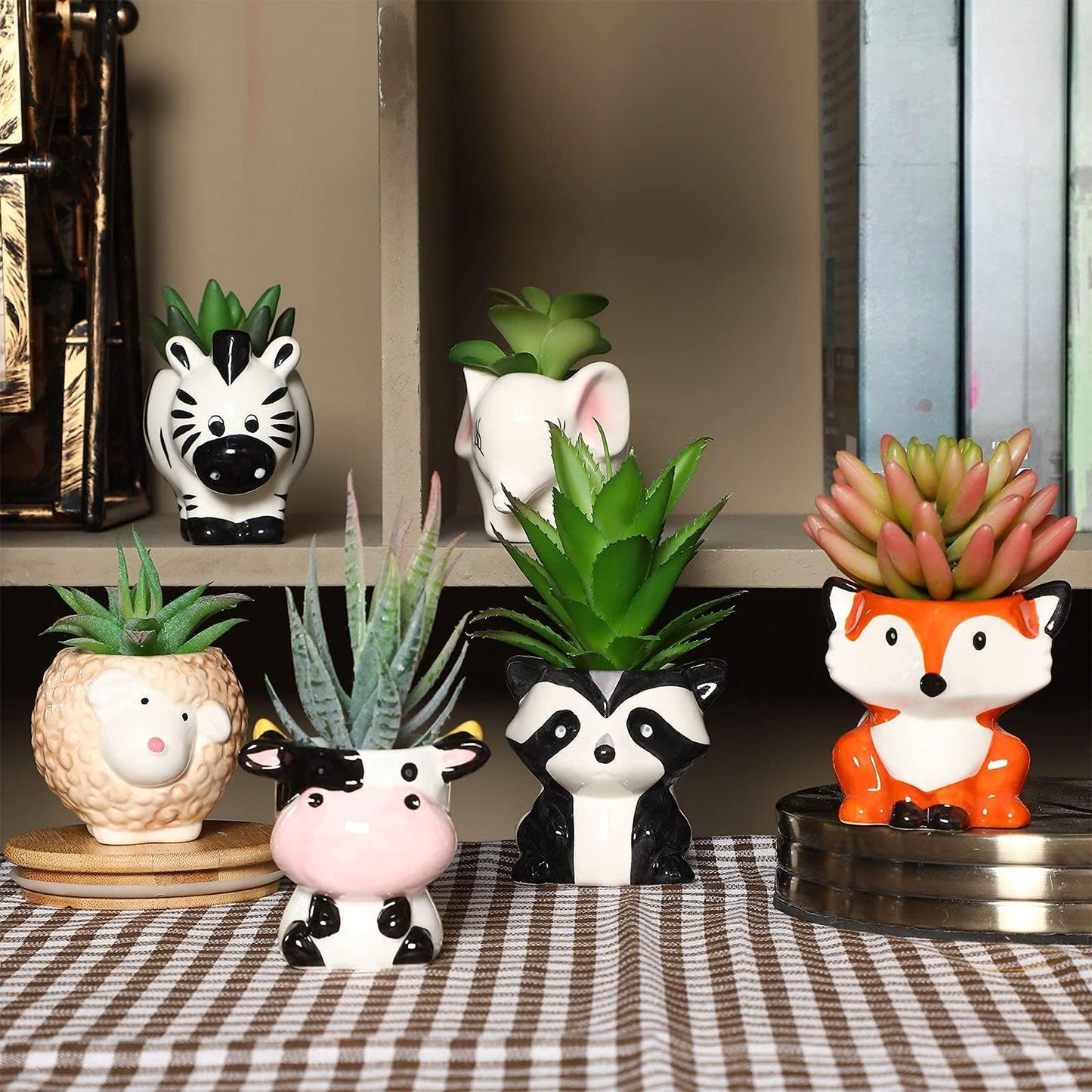 6 Pieces Cute Animal Succulent Planter Pot with Drainage Hole, Cartoon Cow Elephant Ceramic Flower Plant Pot Tiny Flower Planter Cactus Container Indoor Outdoor Office Home Decor