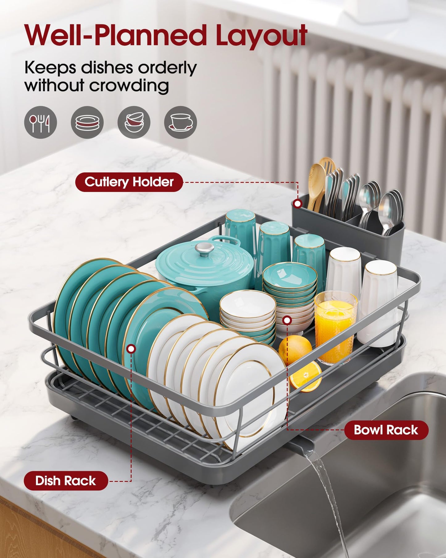 Sakugi Dish Drying Rack - Compact Dish Racks with Drain Board for Kitchen Counter, Durable Stainless Steel Dish Rack Used in Sink & on Countertop, Gray, Large