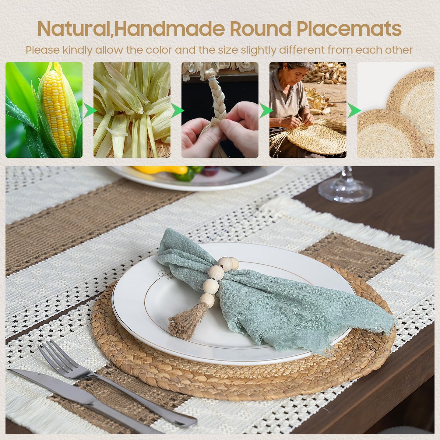 Placemats Set of 6 with Charger Plates Table Mats Table Runner and Napkin Rings,Made of Natural Cotton Burlap and Corn Husk,Non-Slip Heat-Resistant Boho Fall Placemats for Dining Table Décor