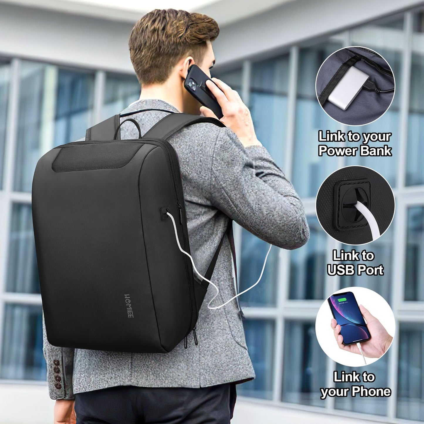 HOMIEE Anti Theft Laptop Backpack for Men, Business Travel Backpack with USB Charging Port, Waterproof Work Bag Fits 15.6 Inch Notebook, Expandable College School Daypack Bookbag