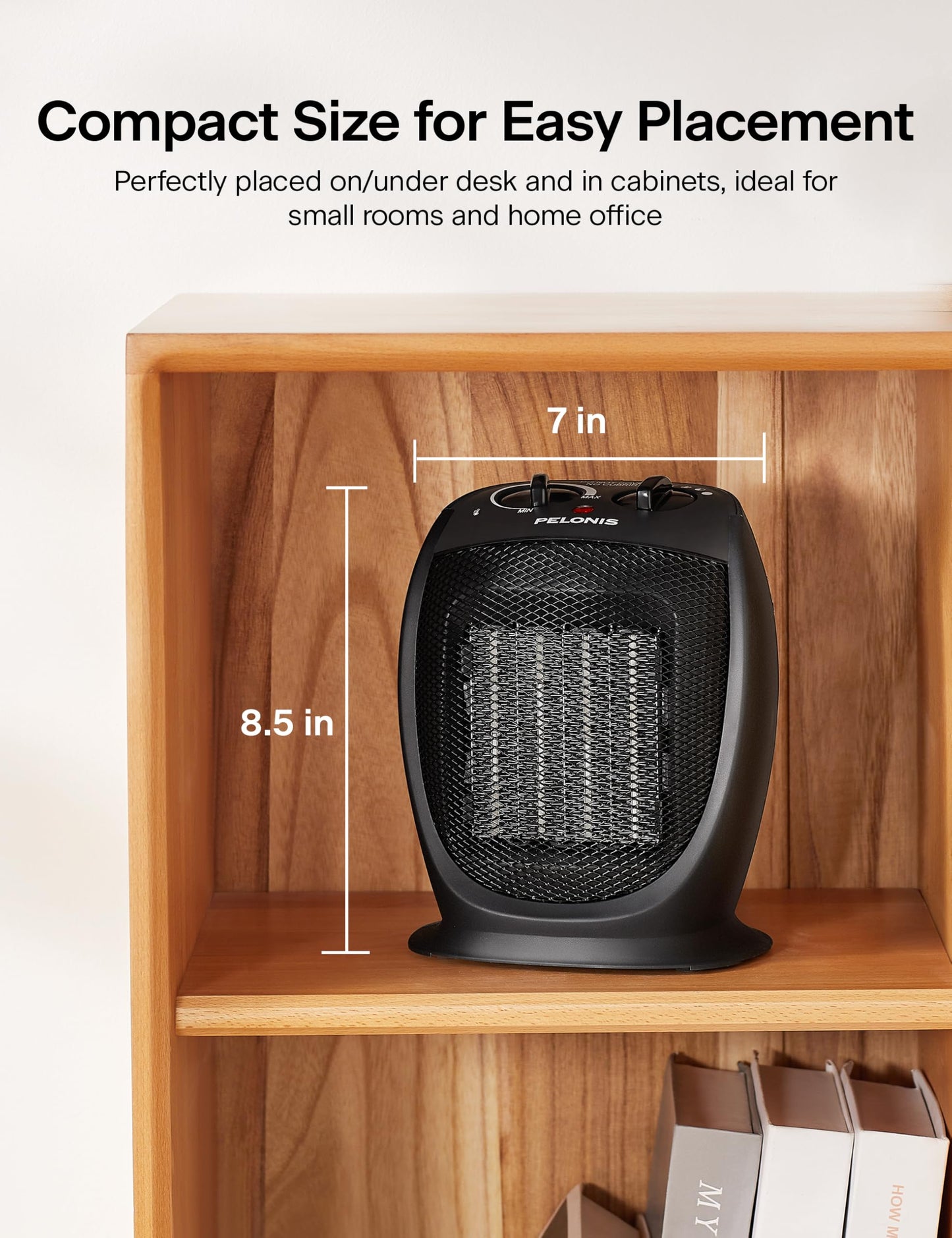 PELONIS Portable Electric Space Heater, 1500W Ceramic Heaters for Home, Office, Personal Use, Quiet Cooling & Heating Mode Room Heater for All Season, Tip Over & Overheat Protection, Black, 9inch