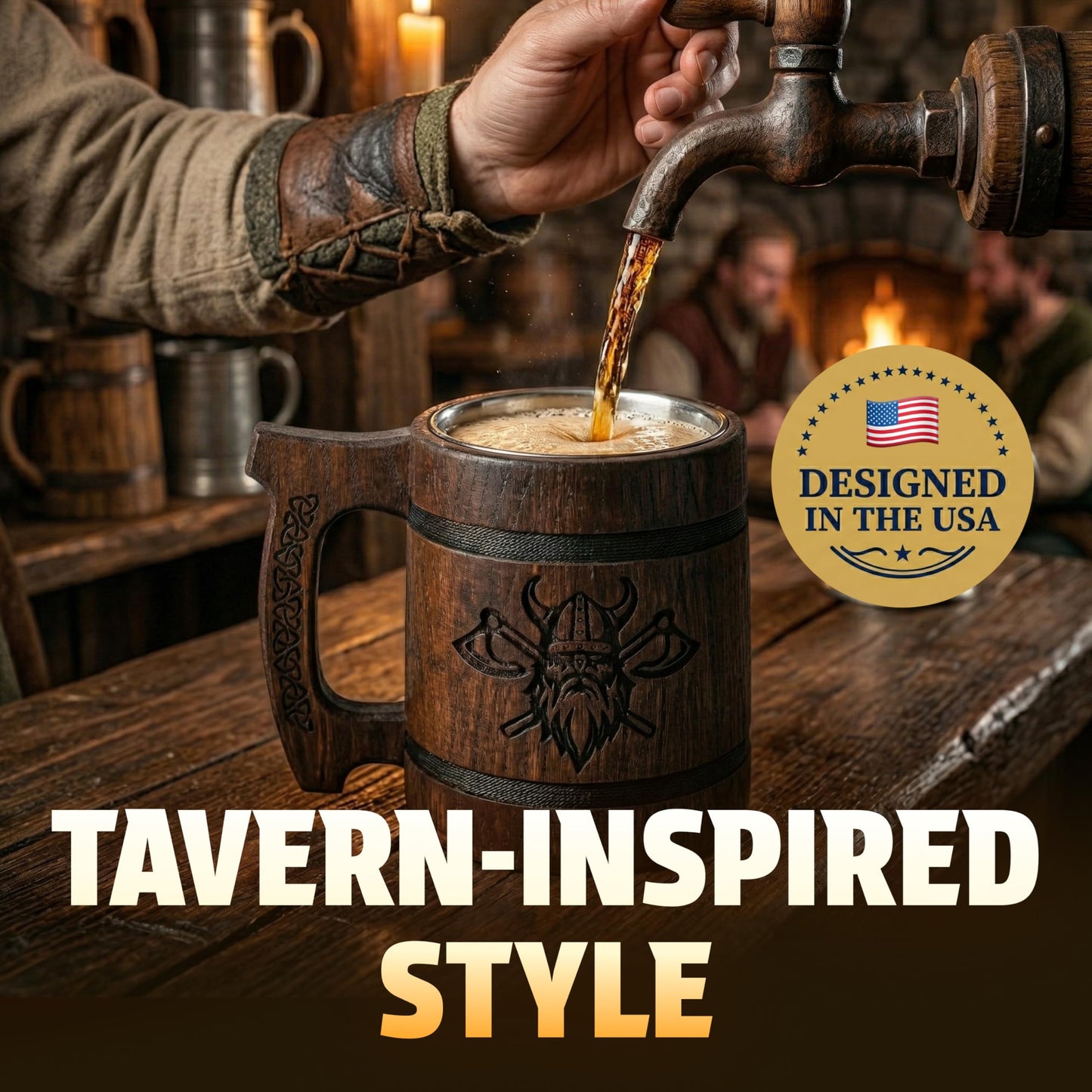 TESLYAR Beer Mug 600 ML - 20 OZ - Viking Mug - Tankard Mug - Beer Stein - Wooden Beer Mug - Handmade Gifts for Men | Fathers Day | Christmas | Birthday Gifts | Celtic Men Mugs - Dark Viking
