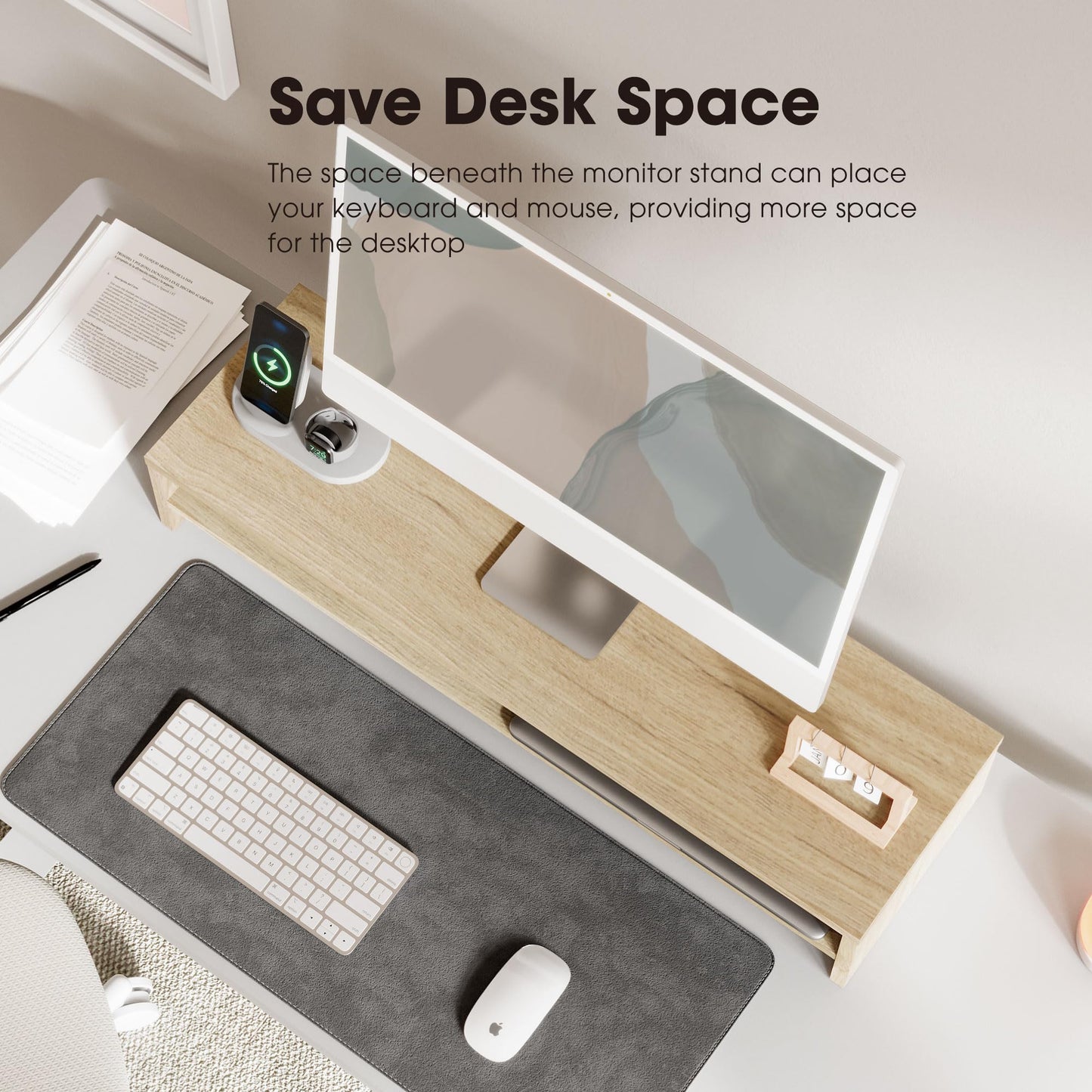 FENGE Monitor Stand, 31.5 Inch Computer Monitor Riser for Desk, 2 Tiers Wood Desk Shelf with Storage, Desktop Organizer for PC, Laptop, Screen, Printer Oak