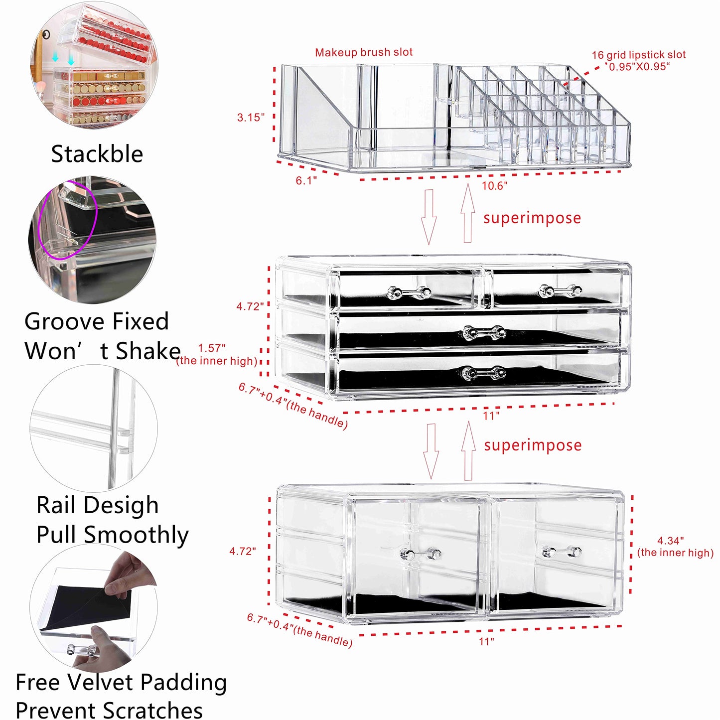 Cq acrylic 3 Pack Clear Makeup Storage Organizer,Stackable 6 Drawers Make Up Organizers,Cute Desk Organizer for Vanity Jewelry,Hair Clip,Beauty,Skincare Product Bathroom Counter Organizers and Storage