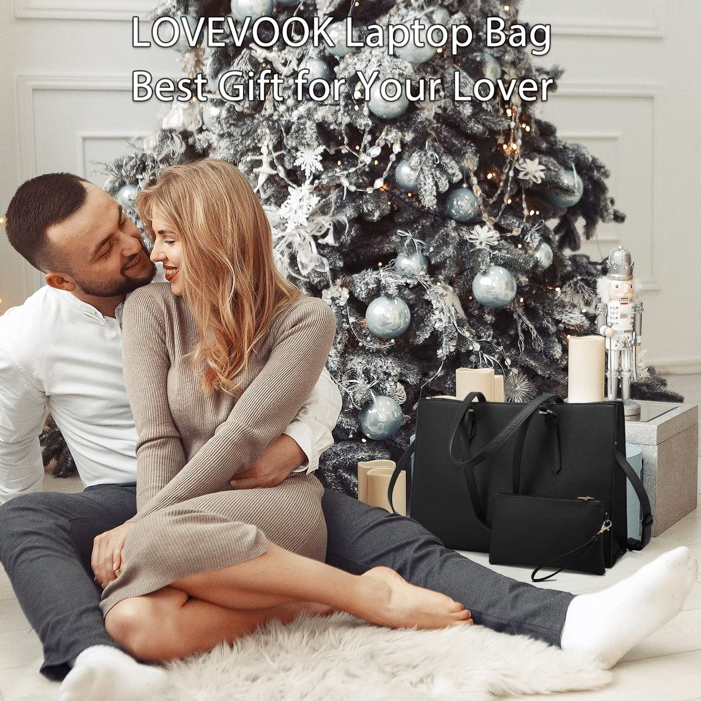 LOVEVOOK Laptop Bag for Women, Fashion Computer Tote Bag Large Capacity Handbag, Leather Shoulder Bag Purse Set, Professional Business Work Briefcase for Office Lady 2PCs, Fit 15.6 Inch Laptop, Black