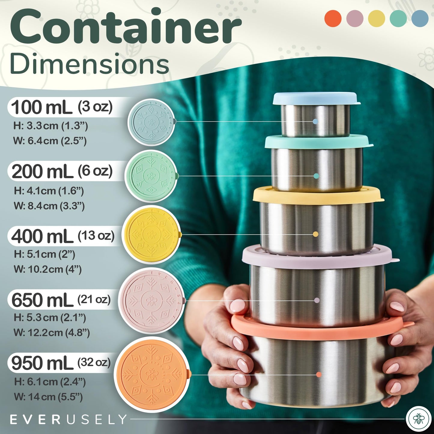 Everusely - Stainless Steel Containers with Lids - Set of 5, Bright Collection - Leakproof Stainless Steel Food Containers - Nesting Snack Holders - Metal Lunch Box - Portable & Reusable Meal Kit