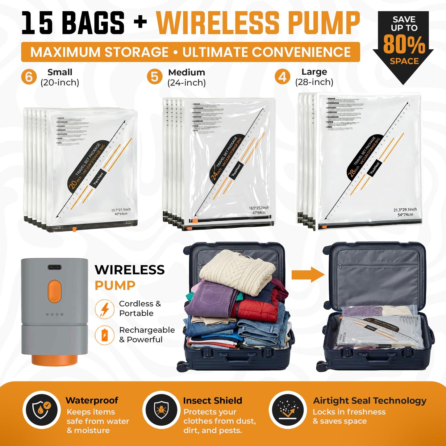 15 Pack Vacuum bags for travel with Rechargeable & Portable Electric Pump (6 Small, 5 Medium, 4 Large) - Vacuum sealer bags for clothes, Blankets and Luggage - space saver vacuum storage bags