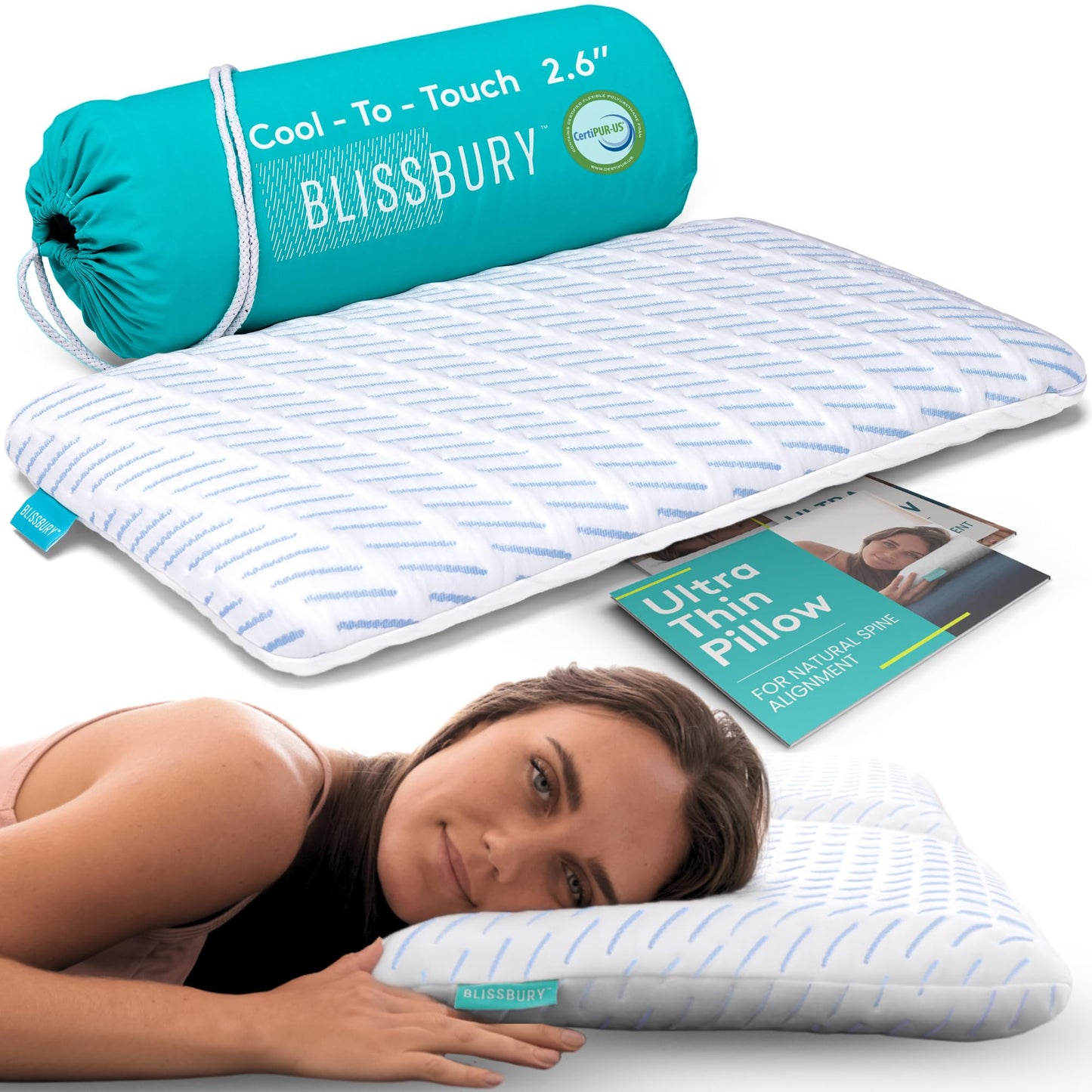 BLISSBURY 6.5cm Cooling Ultra Thin Pillow for Sleeping | Flat Pillow for Stomach Sleeper & Back Sleeper | Cool-to-Touch Memory Foam Stomach Sleeping Pillow | Removable Cool-Tech Pillow Case
