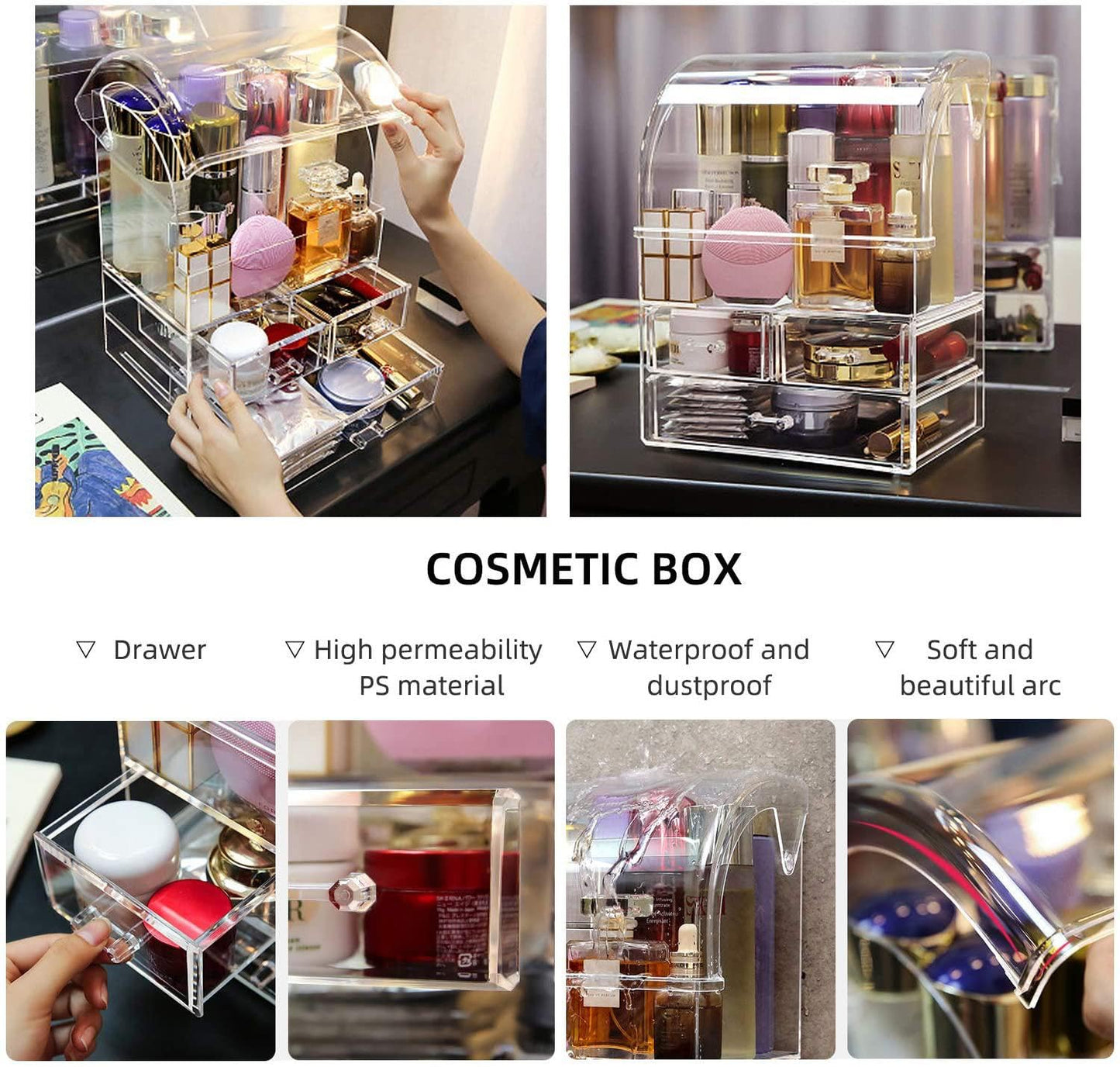 Cosmetic Organizer,Large Acrylic Makeup Storage Organizer Transparent Display Case with Drawers and Closable Lid, Dustproof Waterproof Box for Bathroom Counter Dresser, Lipsticks, Brushes (Clear-L)